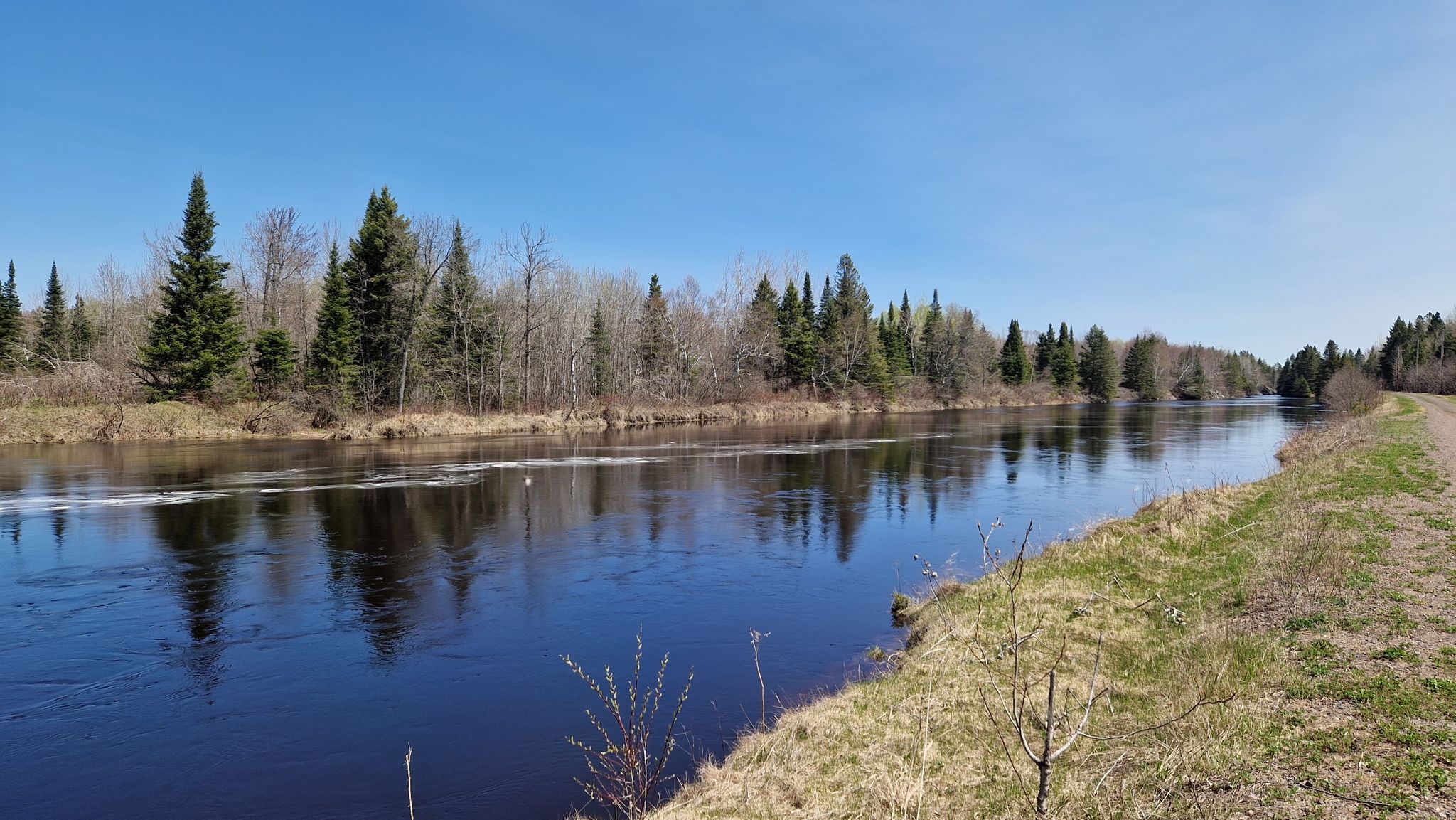 Calm river reflecting a forested bank under a clear blue sky. - Willard Munger State Trail – Trail cut through the rock loop from Jay Cooke State Park