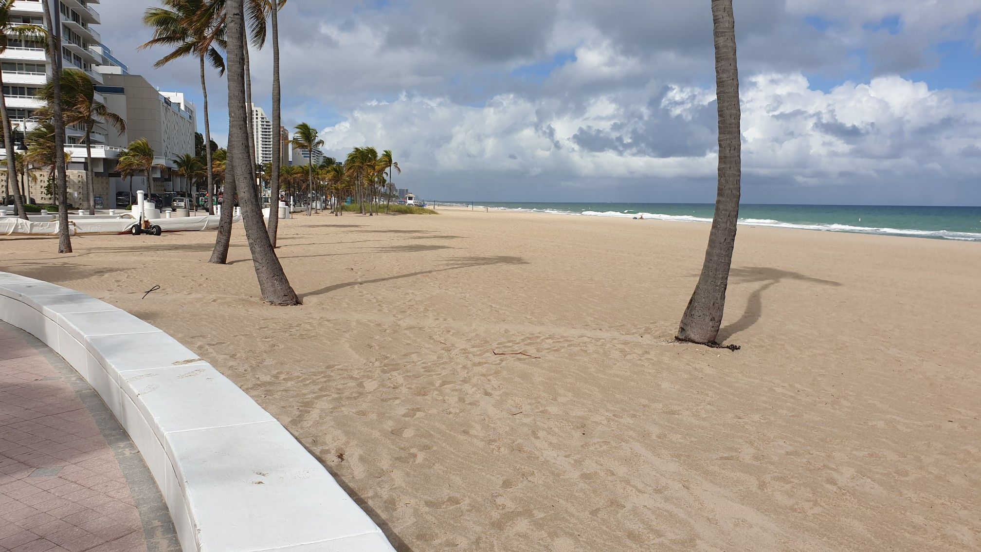 Wide sandy beach with palm trees and ocean under a cloudy sky. - Jungle Queen Riverboat – Las Olas Beach loop from The Galleria at Fort Lauderdale