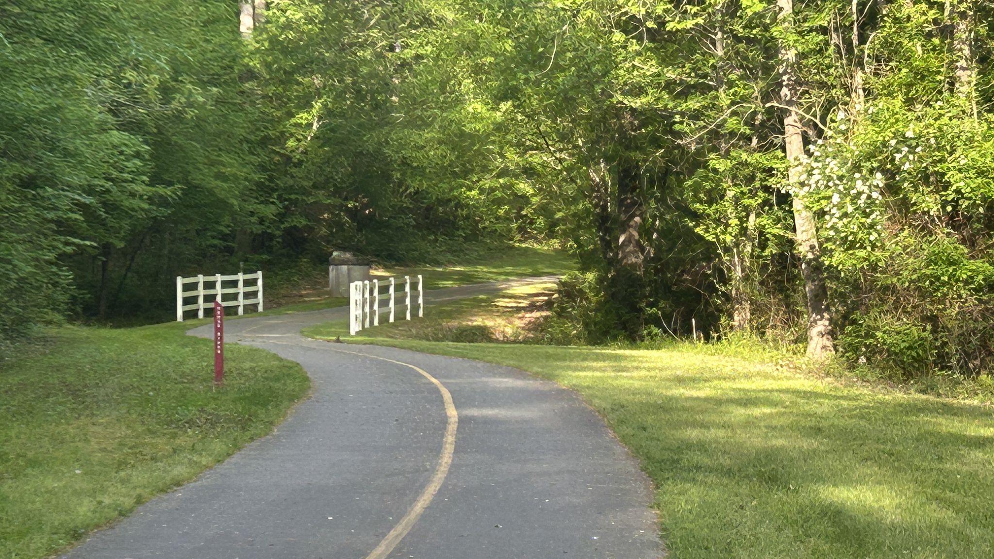 A paved path winds through a sunny, grassy area with trees and a fence. - Neuse River Pedestrian Bridge – Neuse River Greenway loop from Buffalo Road Aquatic Center Parking Lot