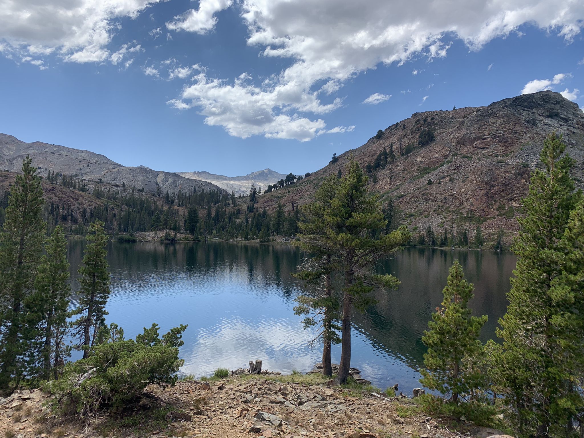 Serene mountain lake reflecting clouds, surrounded by rocky, forested slopes. - Glen Alpine Trail