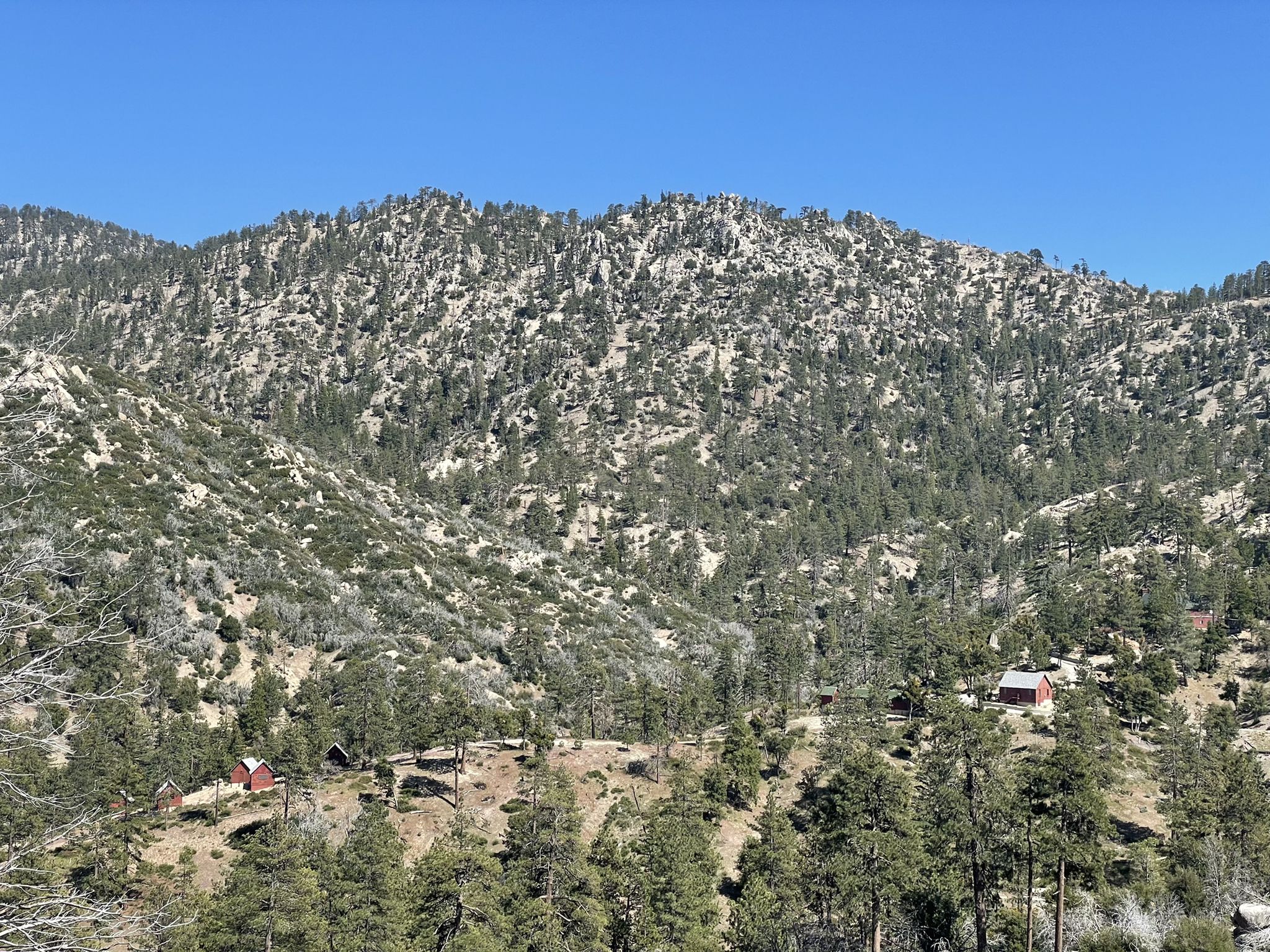 Steep, rocky, tree-covered mountains under clear blue sky with scattered buildings. - Pacific Crest Trail: Three Points to Sulphur Springs