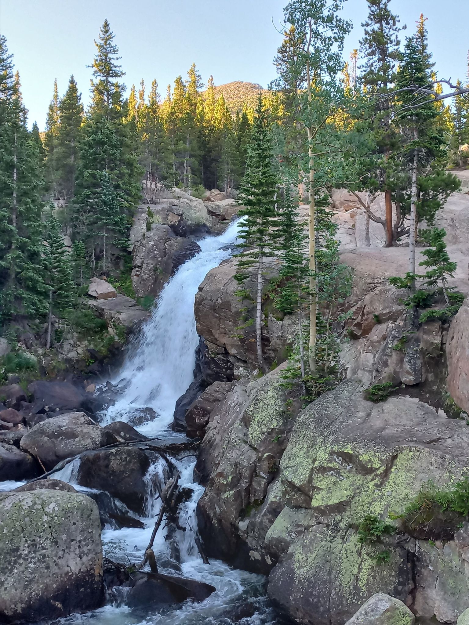 Waterfall cascading over rocks, surrounded by pine trees, under bright daylight. - Sky Pond Trail