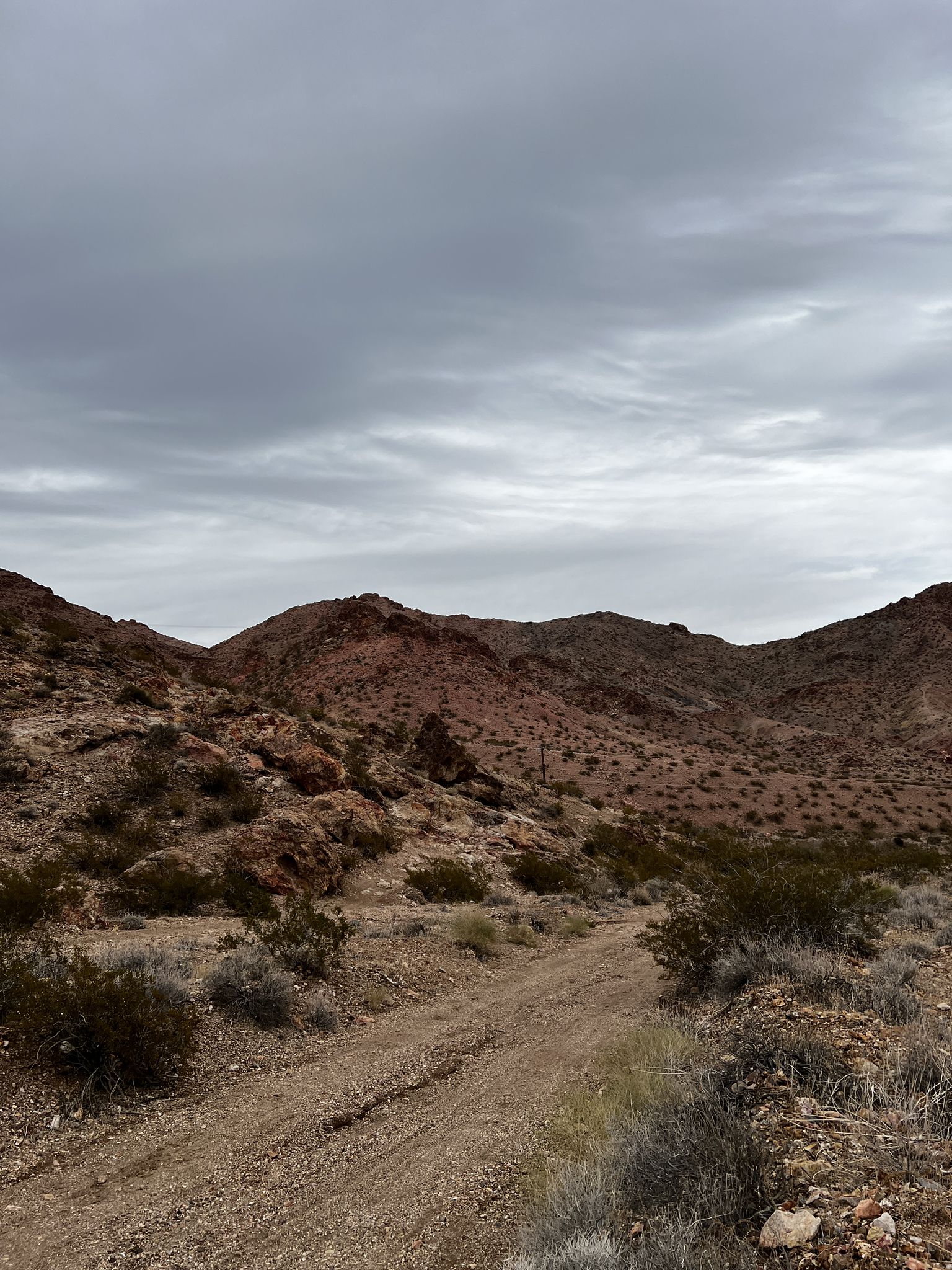 A dirt road winds through arid, rocky mountains under an overcast sky. - Mother & Ernie's Epic and Girl Scout Loop