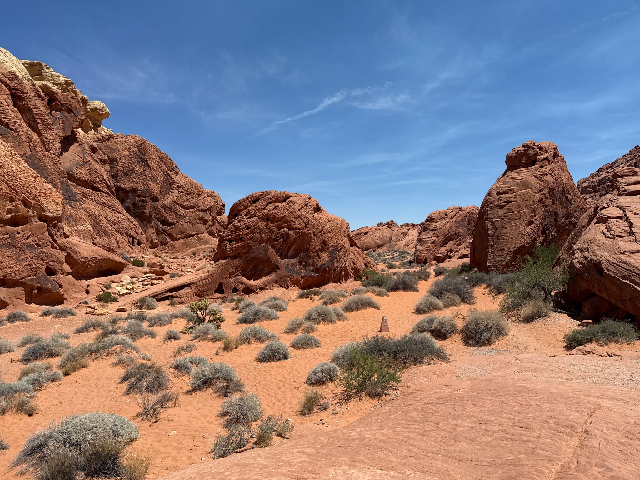Red rock formations and sandy desert floor under a bright blue sky. - Rainbow Vista Trail