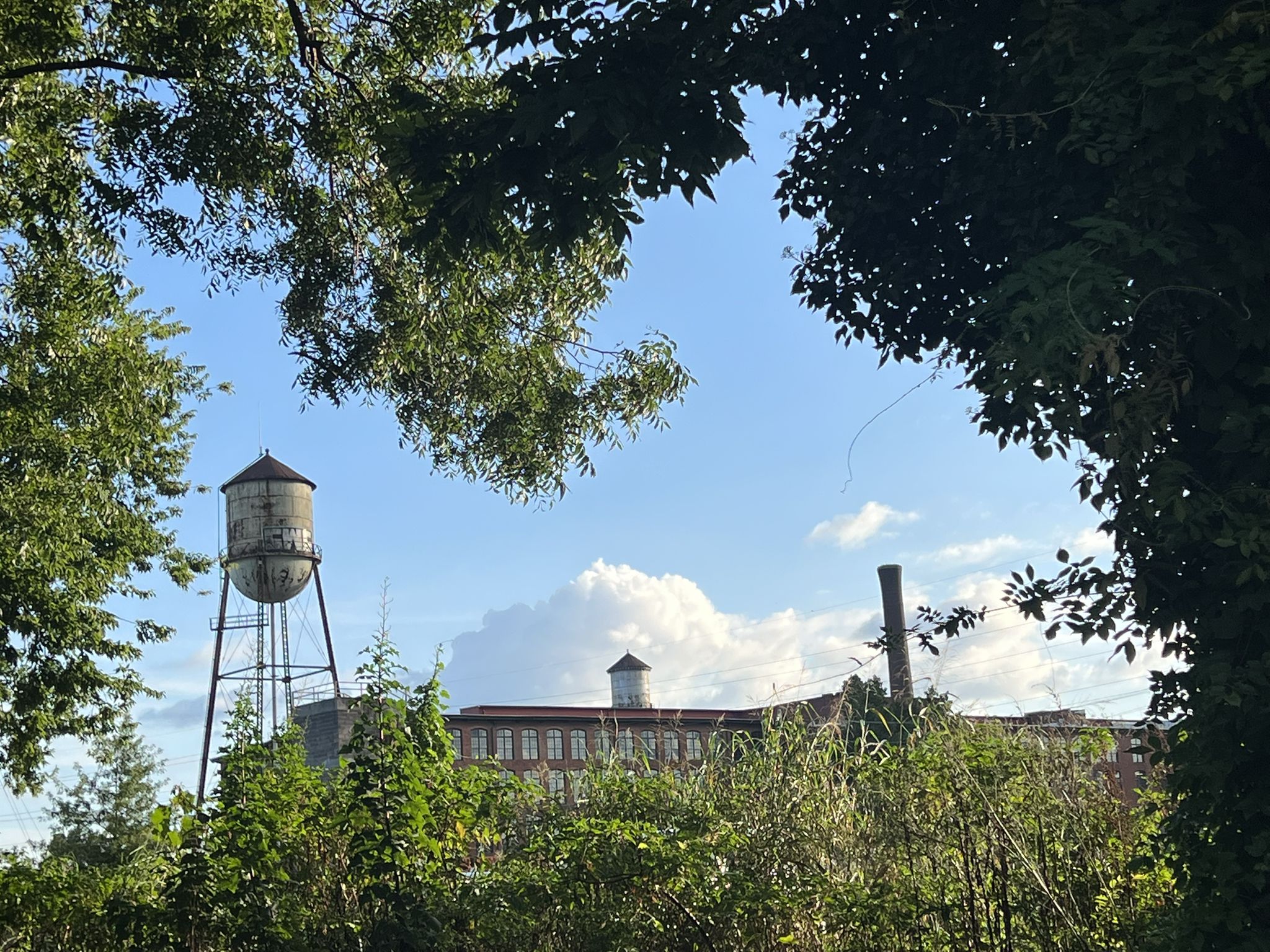 Old water tower and brick building framed by green leaves under a sunny sky. - Swamp Rabbit Cafe & Grocery – The Runner loop from Sans Souci
