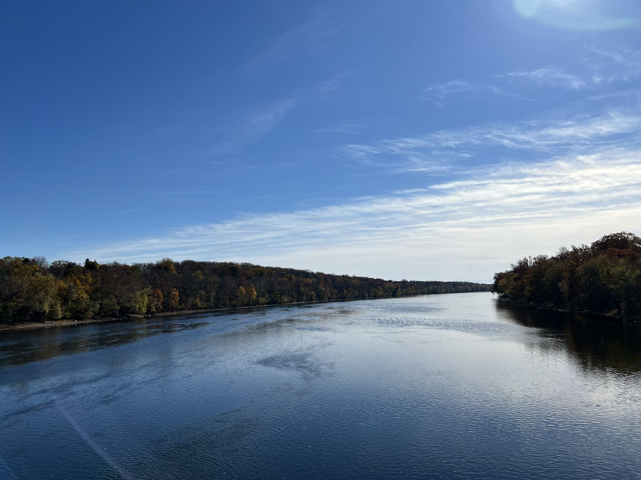 Wide river flowing between dense green and brown forested banks under a bright sky. - New Hope Loop