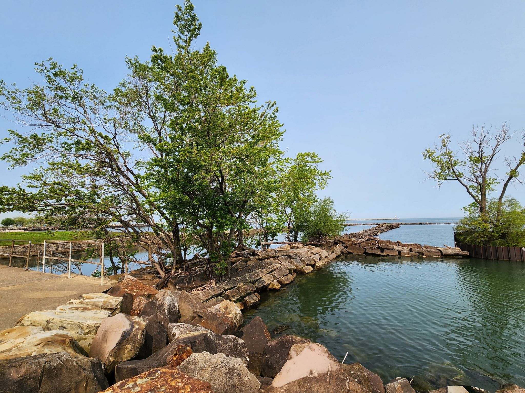 Rocky shoreline with green trees, calm water, and a stone breakwater under clear sky. - Cleveland Lakefront Bikeway