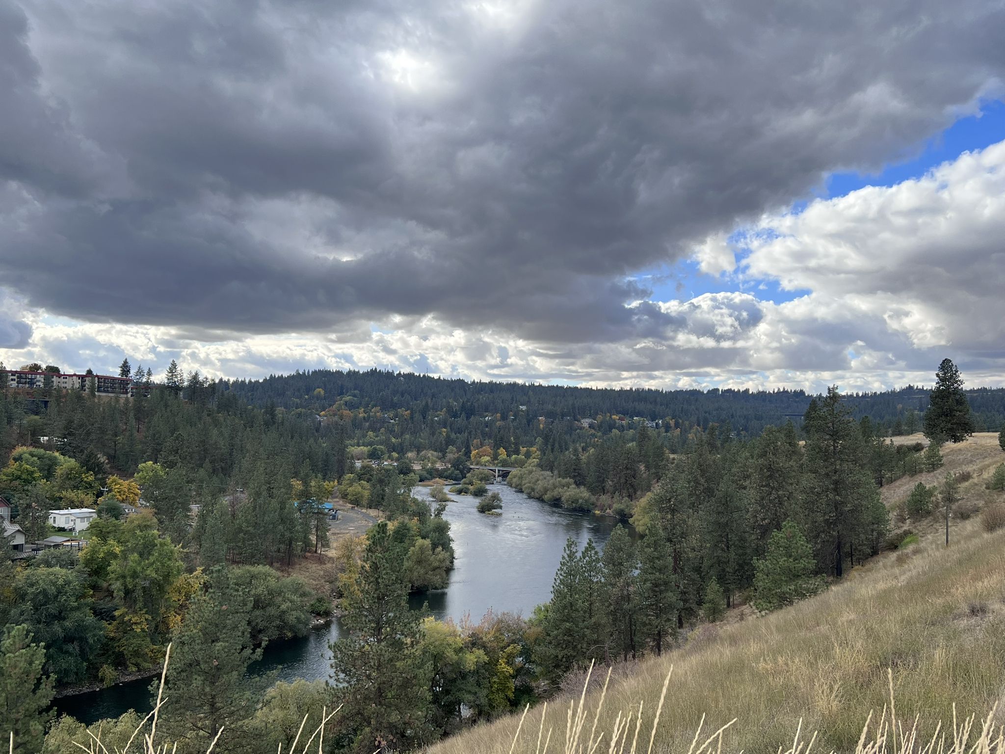 River flowing through a forested valley with hills under a cloudy sky. - South Gorge Trail Loop