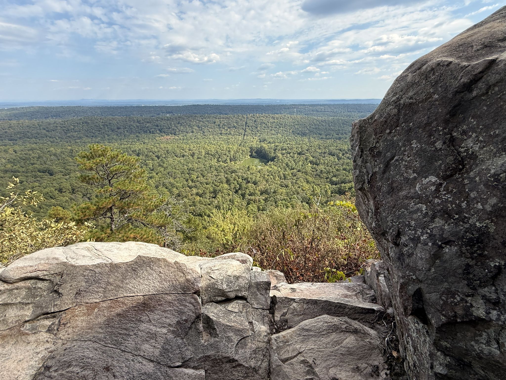 Rocky cliff edge overlooking a sprawling green forest under a cloudy sky. - King's Chair Loop