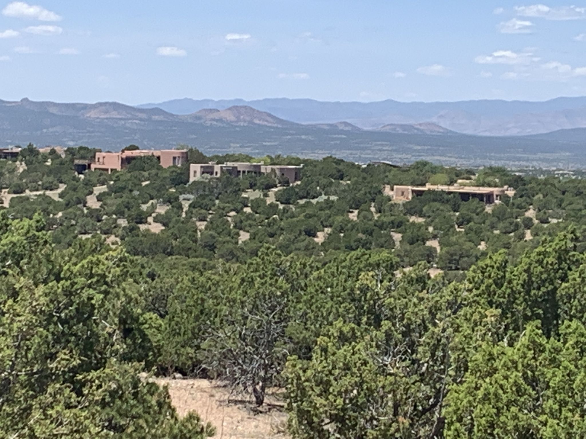 Sunny view of buildings nestled among green trees with distant mountains. - Ridgetop loop