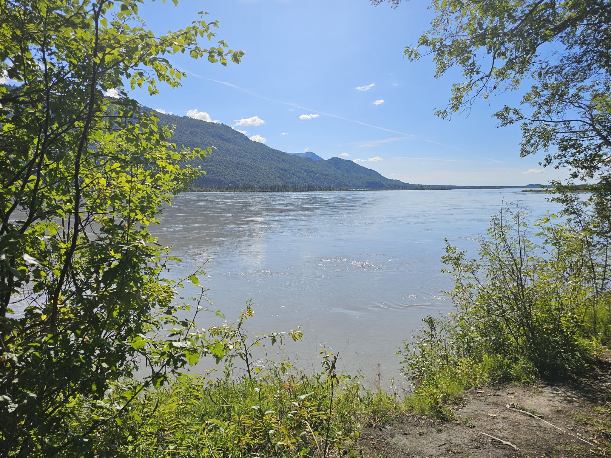 Wide river with distant mountains under a bright, clear sky. - Reflections Lake Trail