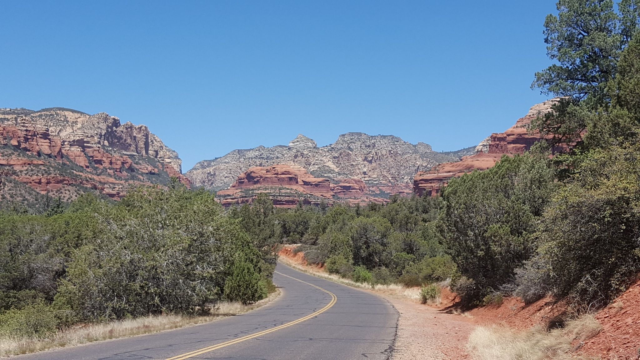 Winding road through green trees with red rock mountains under a clear sky. - Dry Creek Road to Long Canyon Road & Aerie Road