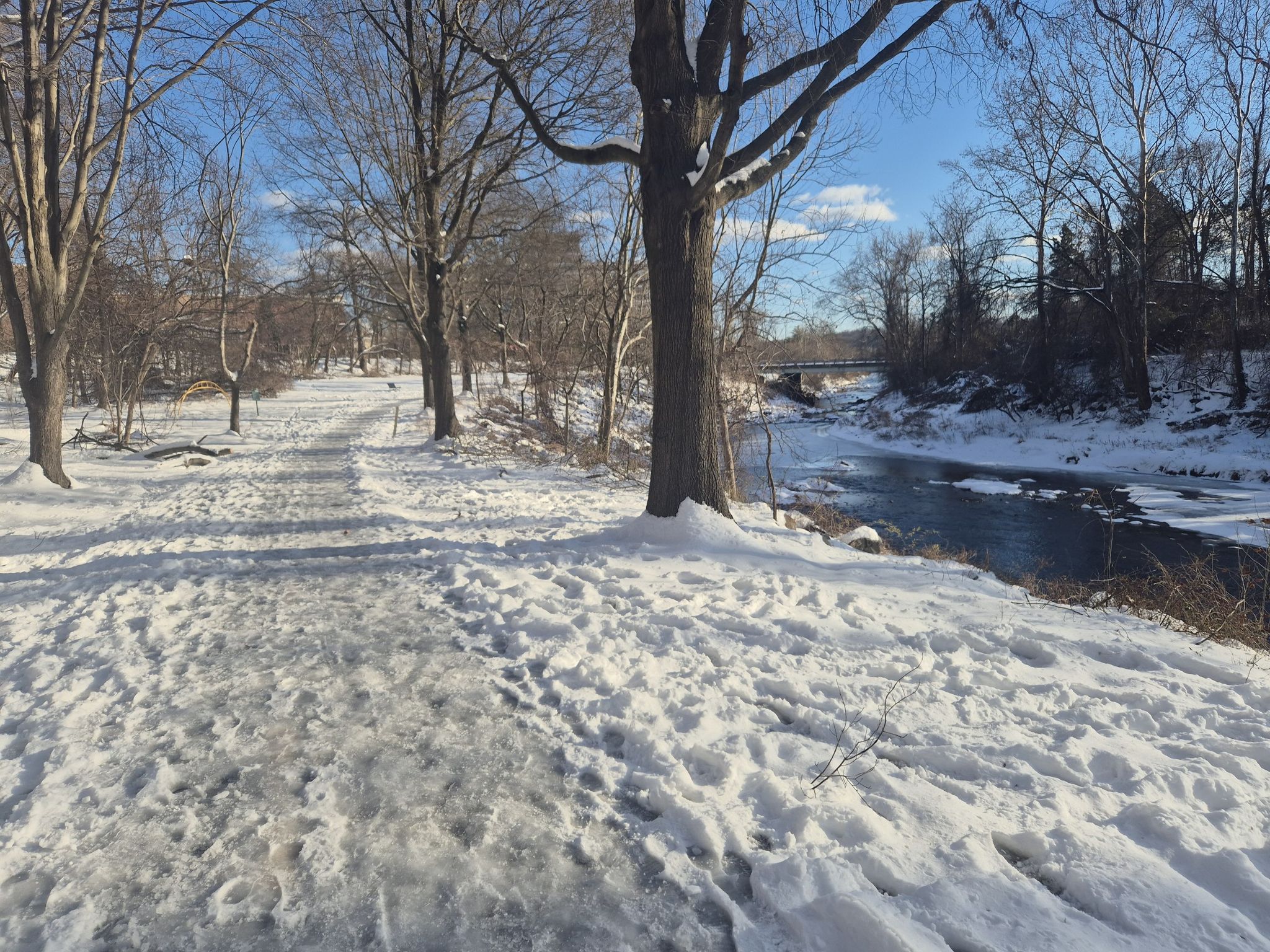 Snowy path beside a partially frozen river, bare trees under a bright sky. - Beatley Bridge – Cameron Run loop from Lincolnia