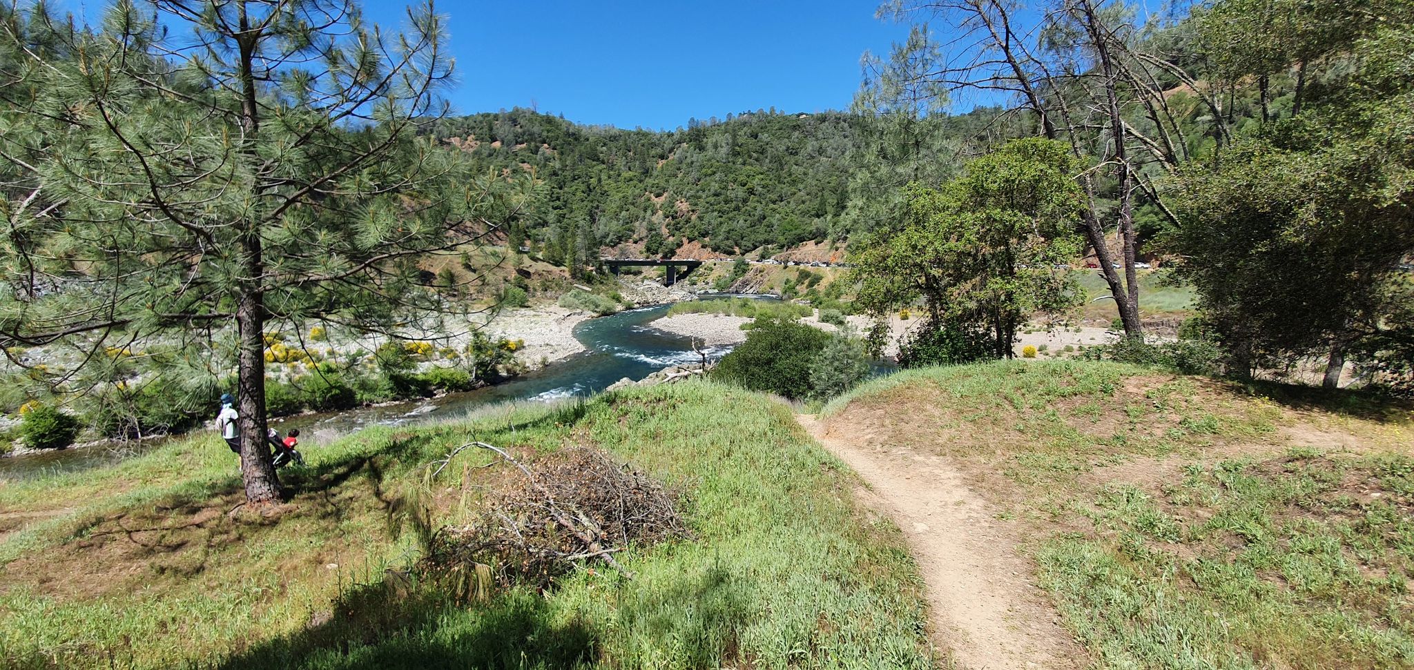 A sunny river valley with a dirt path, green trees, and a distant bridge. - Confluence and Clementine Trail Loop