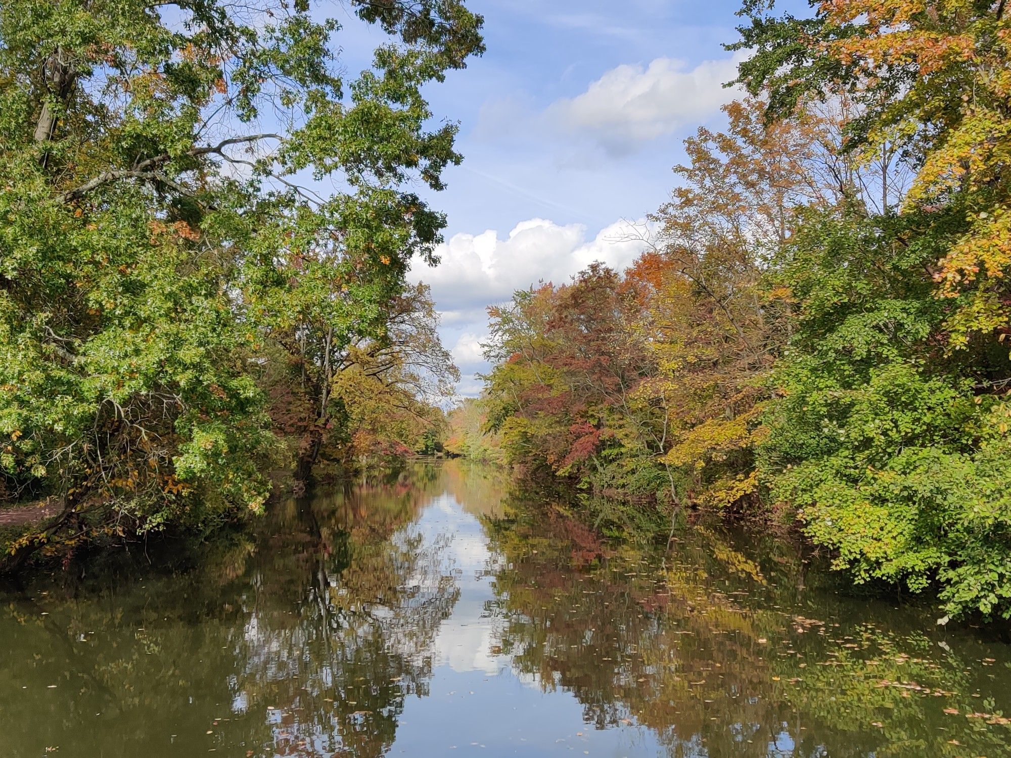 A calm canal reflects vibrant autumn trees under a partly cloudy sky. - View of the D&R Canal loop from Kingston