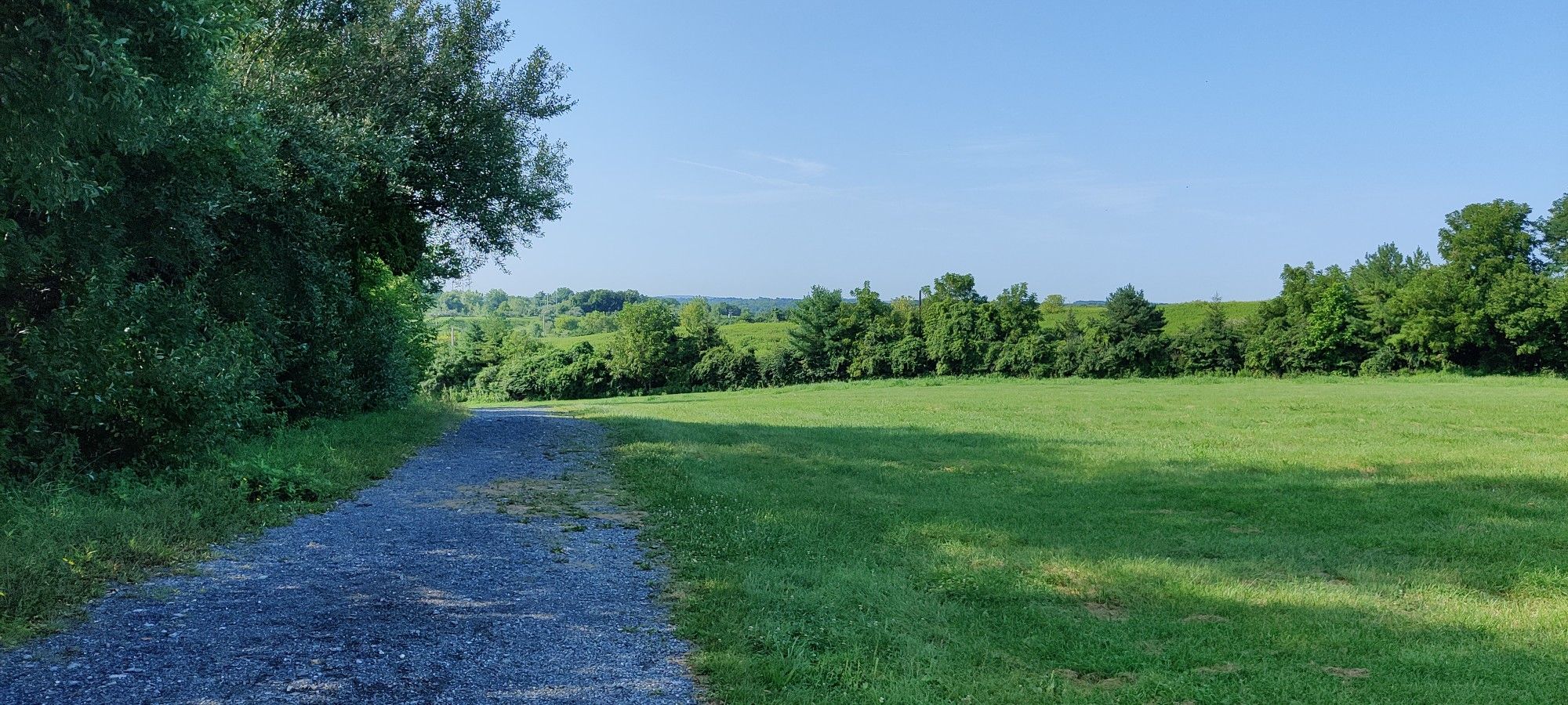 A gravel path borders a sunny green field with distant trees under a blue sky. - Ironton Rail Trail and Whitehall Parkway Loop