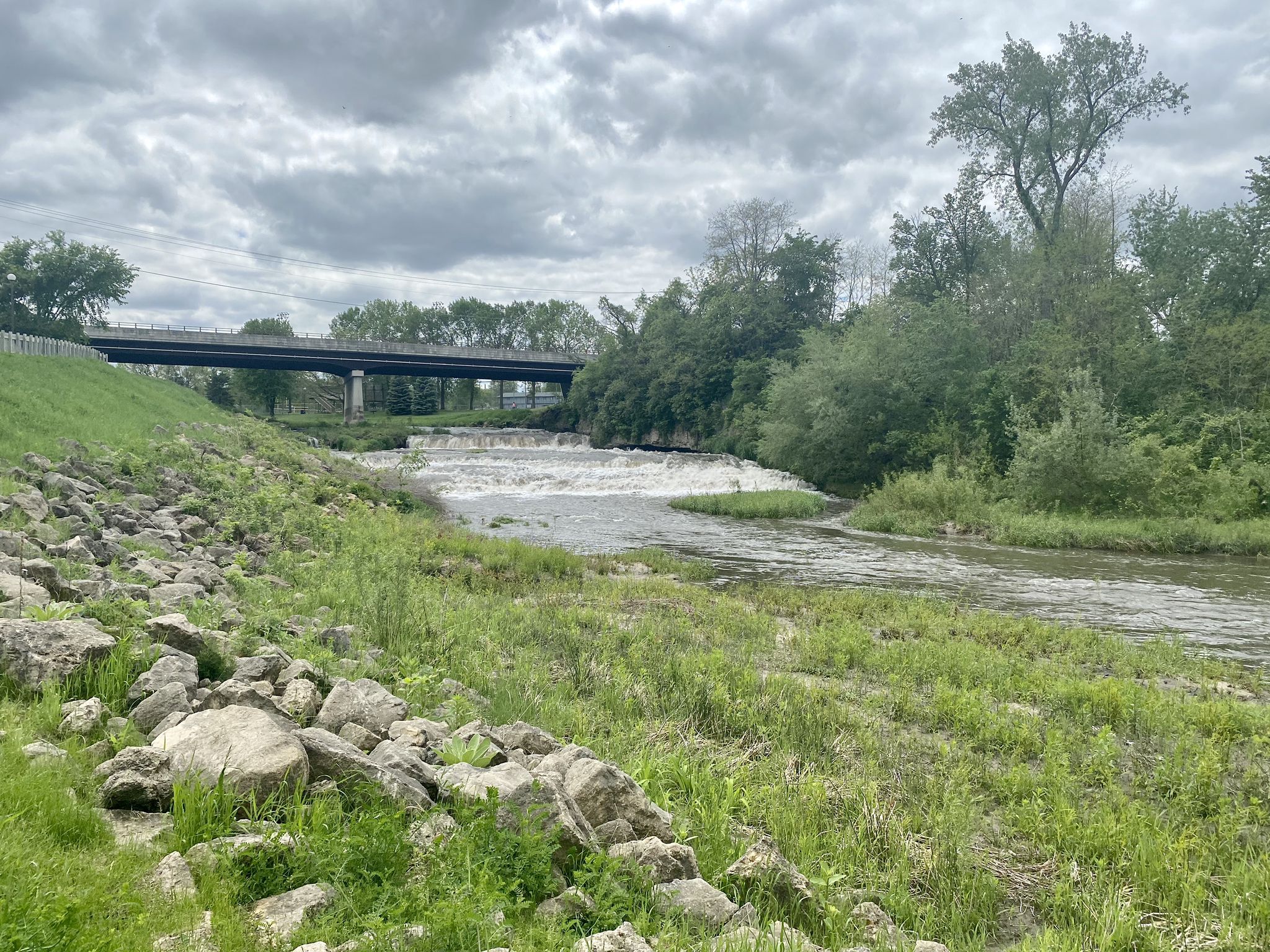 River with a small waterfall and rocky bank, bridge in the distance. - Duck Pond and falls – Little Cannon River falls loop from River Terrace Prairie SNA