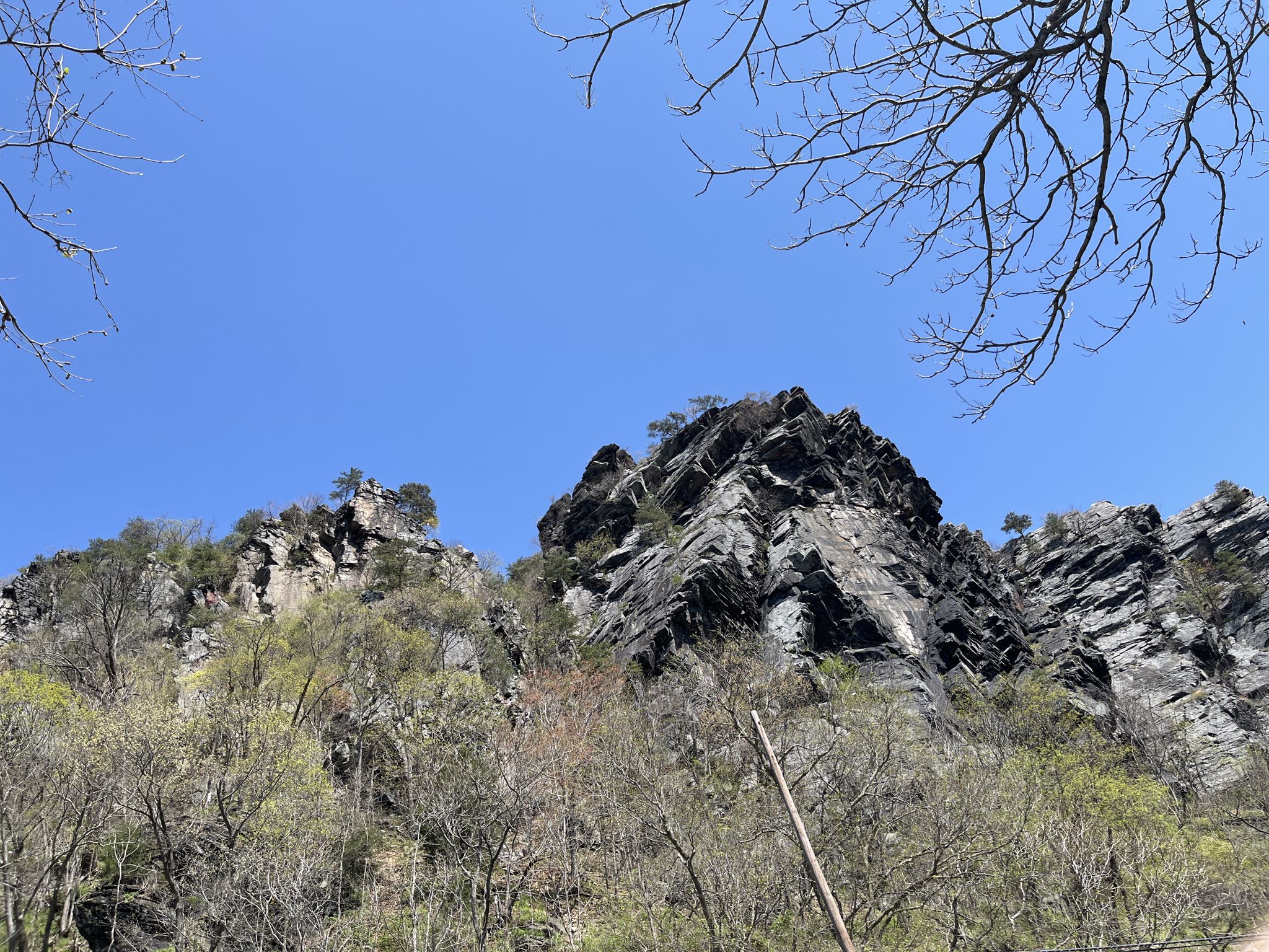 Towering rocky cliffs with sparse trees under a clear blue sky. - Gathland State Park loop from Weverton