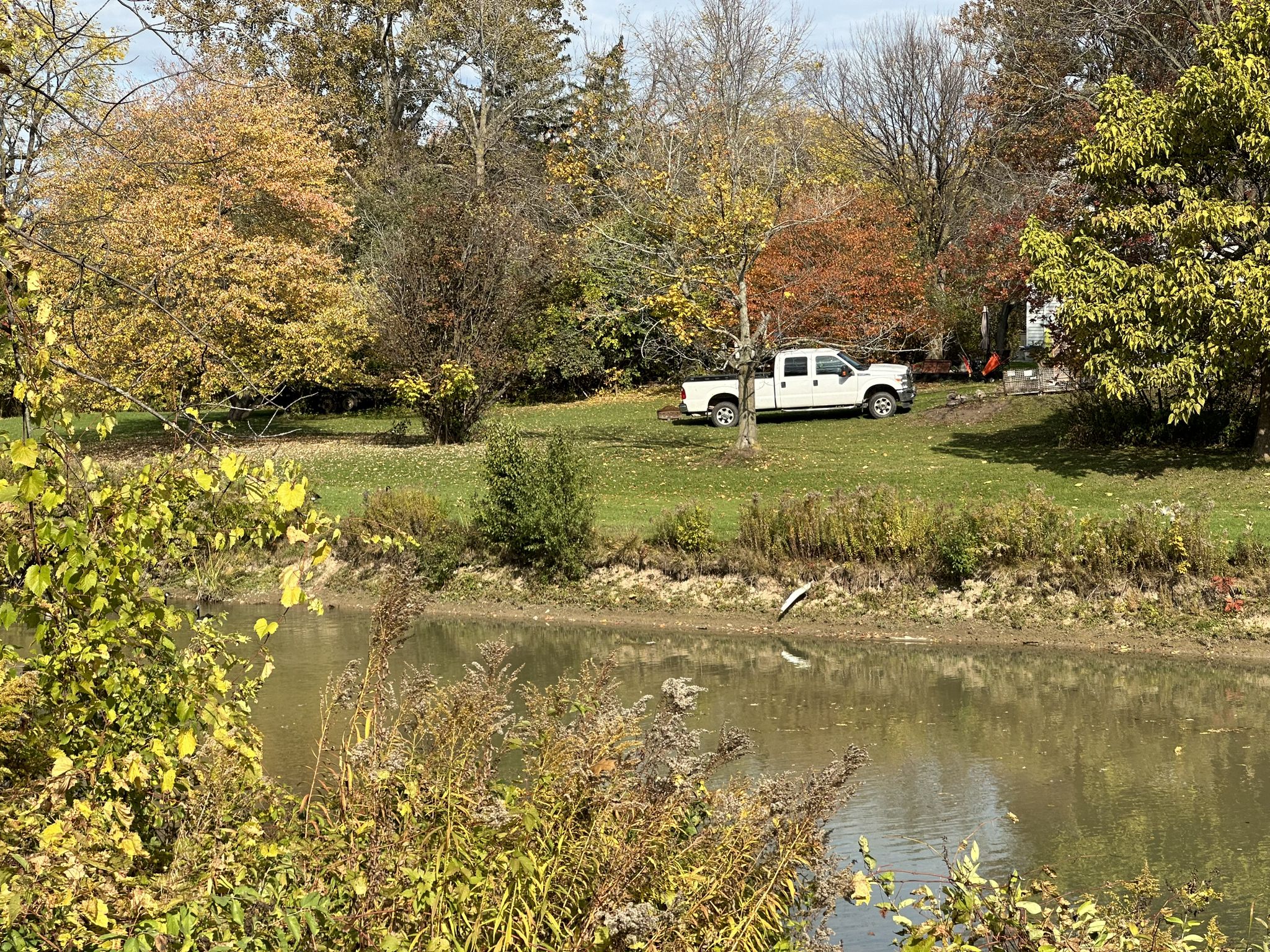 A white pickup truck parked on a grassy bank next to a pond. - Running loop from University at Buffalo