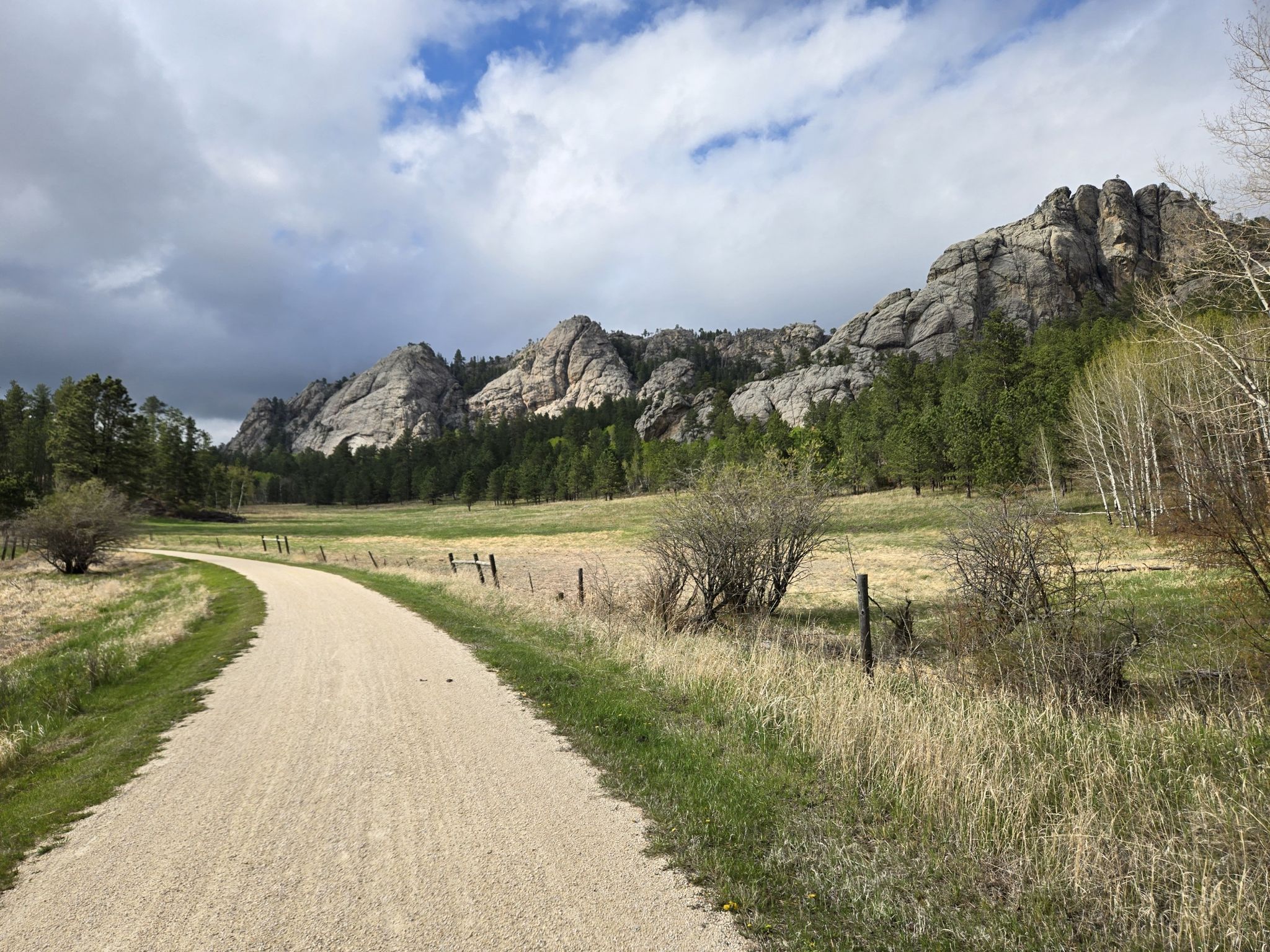 Gravel path leading to rocky mountains and forest under cloudy sky. - Hill City loop from Hill City