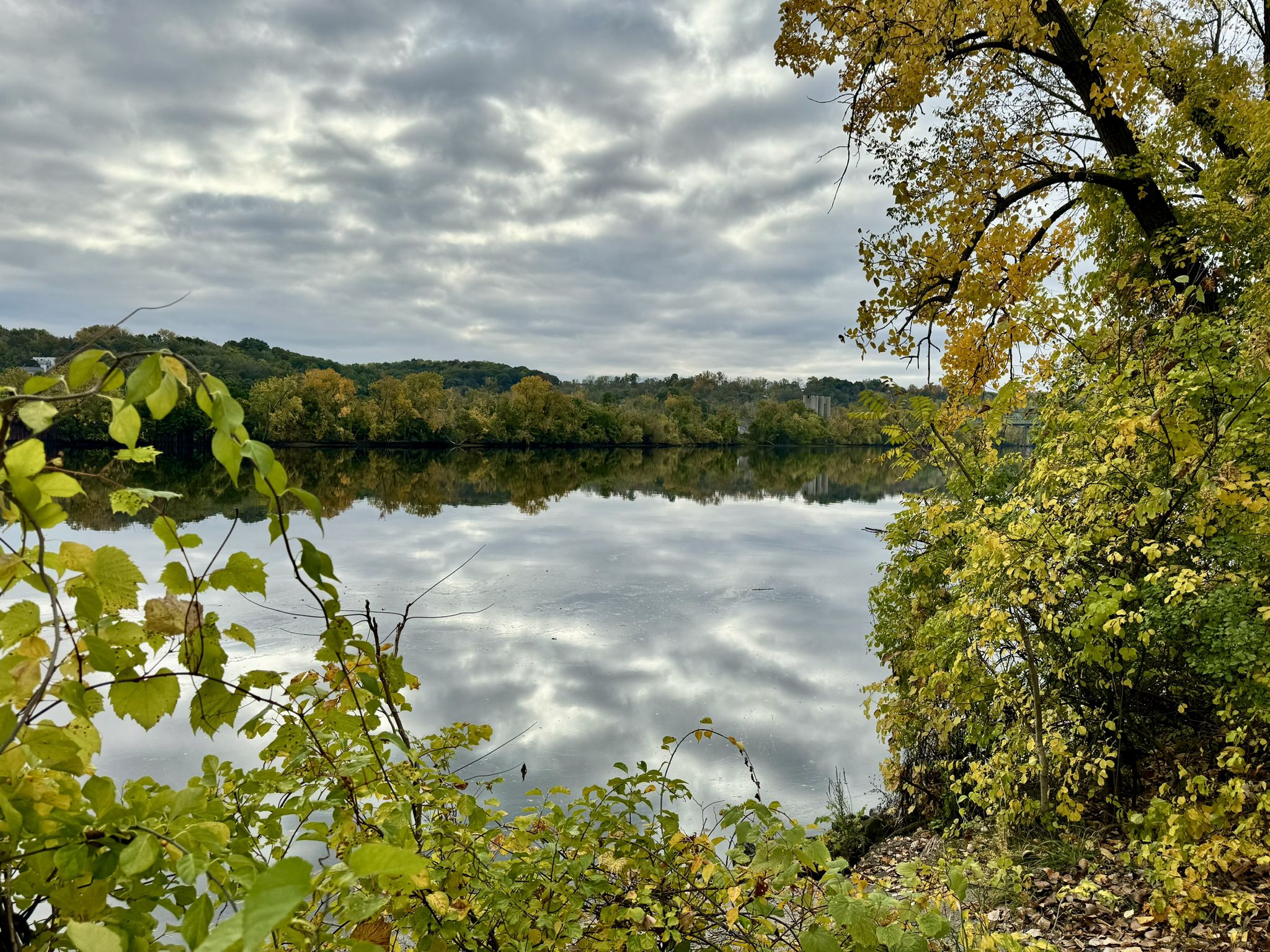 Overcast autumn day with reflections on a calm lake surrounded by colorful trees. - Hudson Shore Park – Rail Bridge loop from Troy