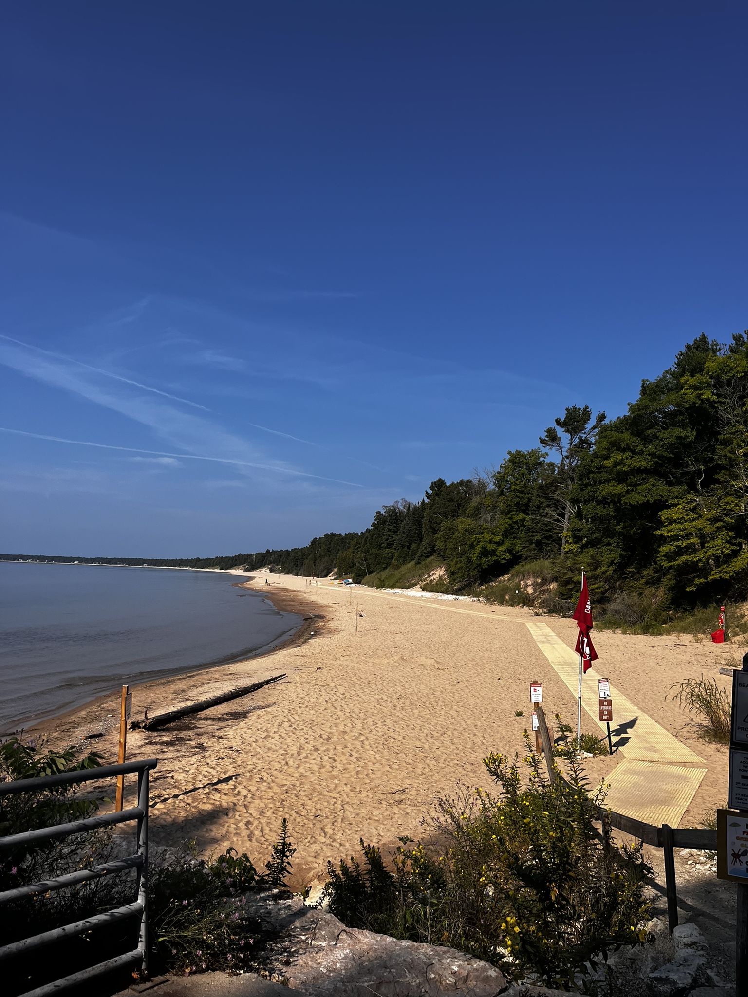 Sunny beach with calm water, sandy shore, and green trees under a clear blue sky. - Red Trail