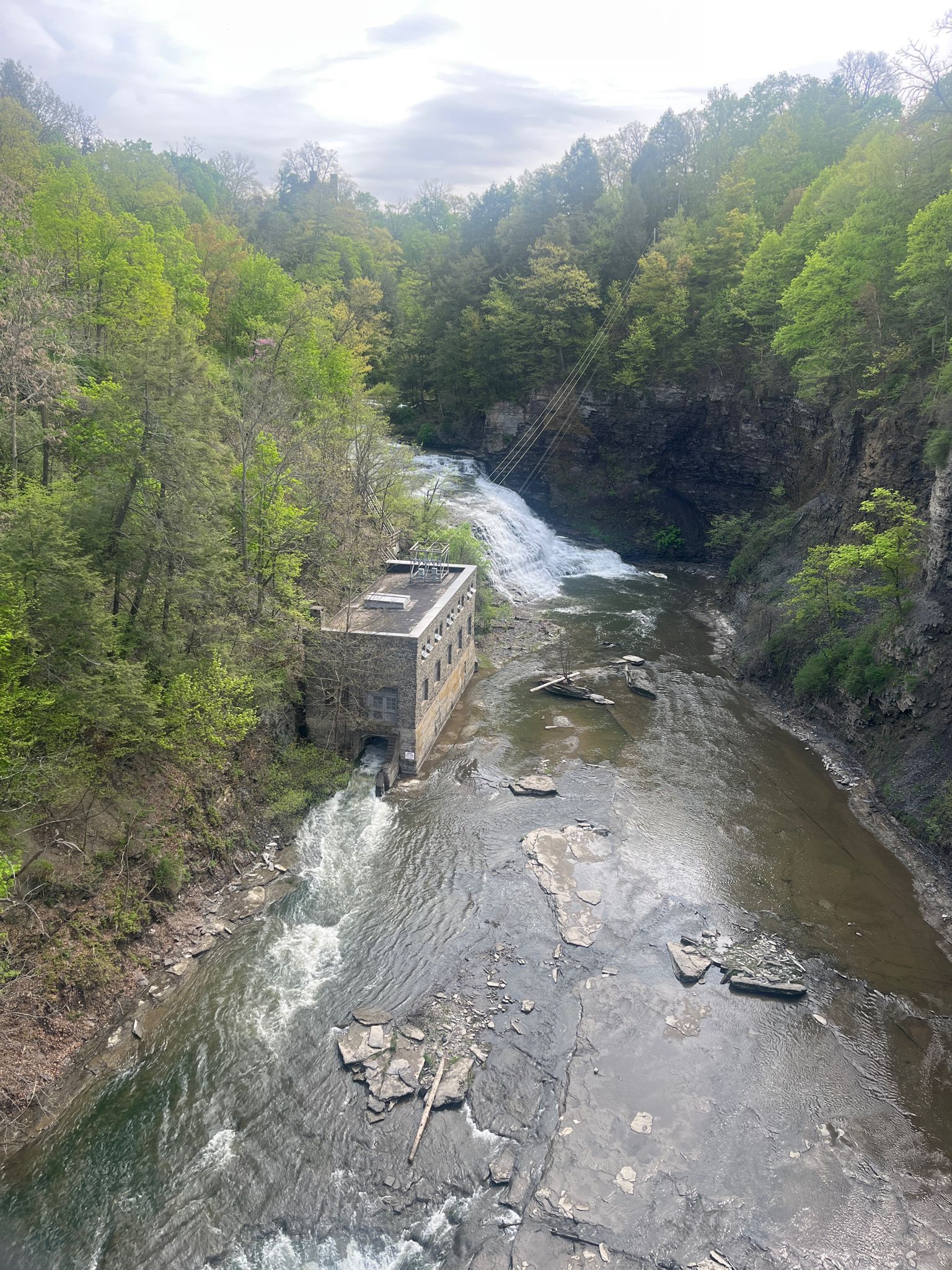 A building in a river with a cascading waterfall and green, forested banks. - Fall Creek Forest Horseshoe Falls