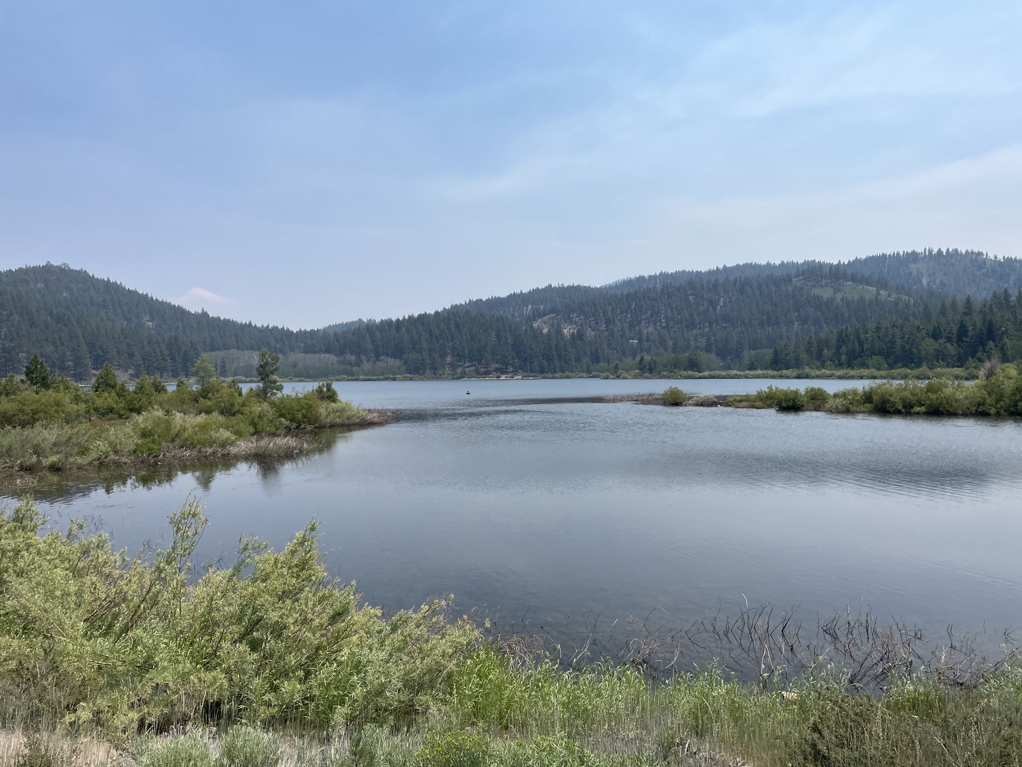 A calm lake surrounded by forested hills under an overcast sky. - Marlette Lake Trail