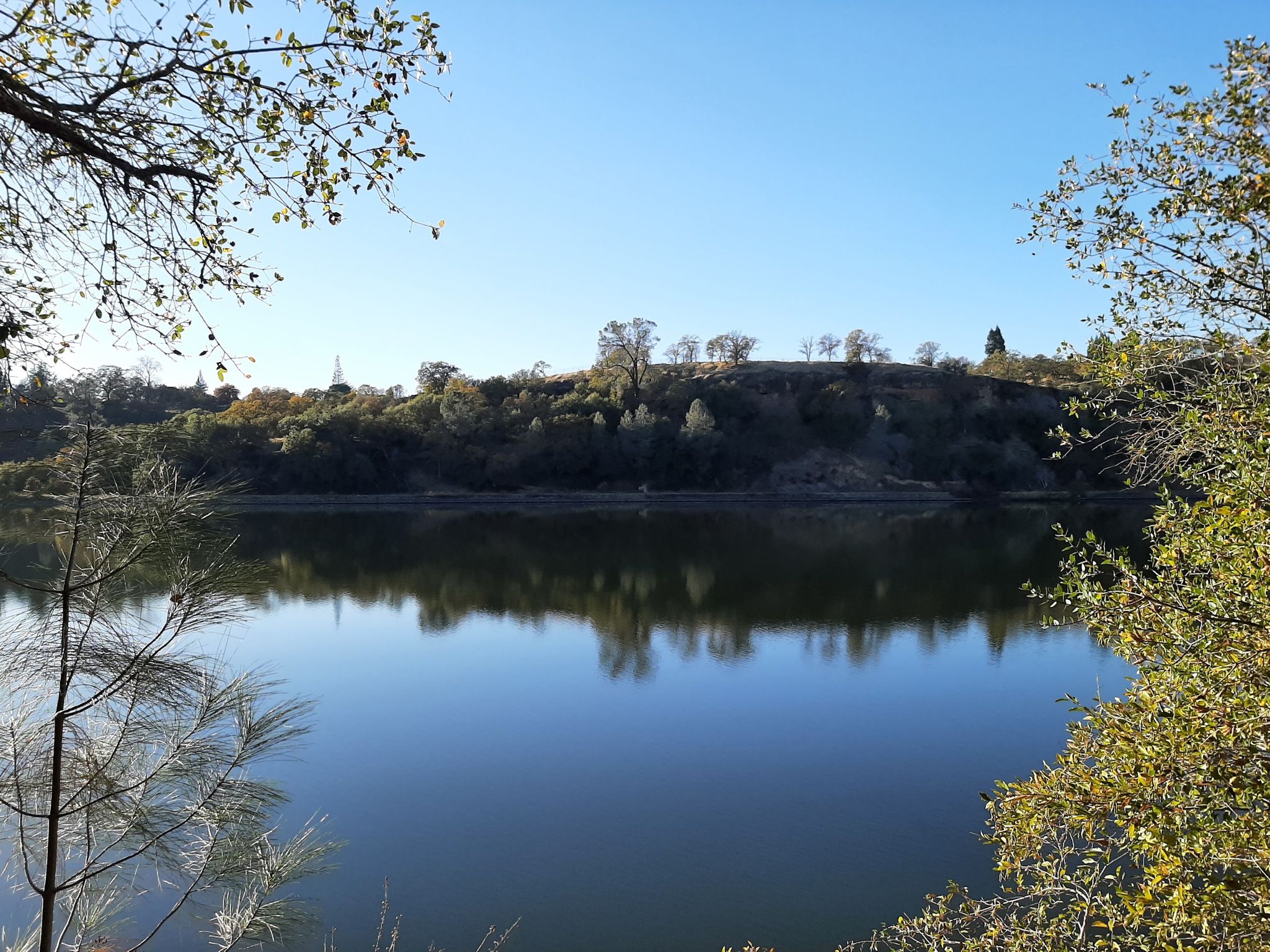 Calm lake reflecting a distant forested hill under a clear sky. - Lake Natoma – Views across American River loop from Glenn/Robert G Holderness