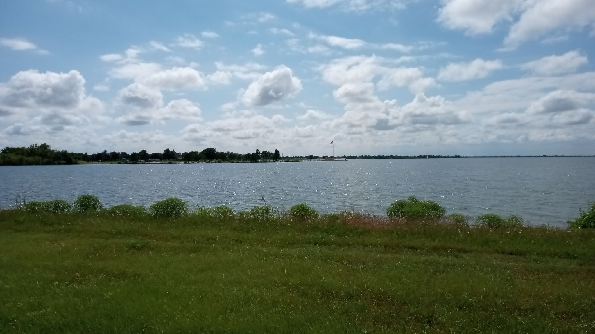 Wide view of a large lake with green grass and a cloudy sky. - Bert Cooper Trails – Stars and Stripes Park loop from Stars and Stripes Park