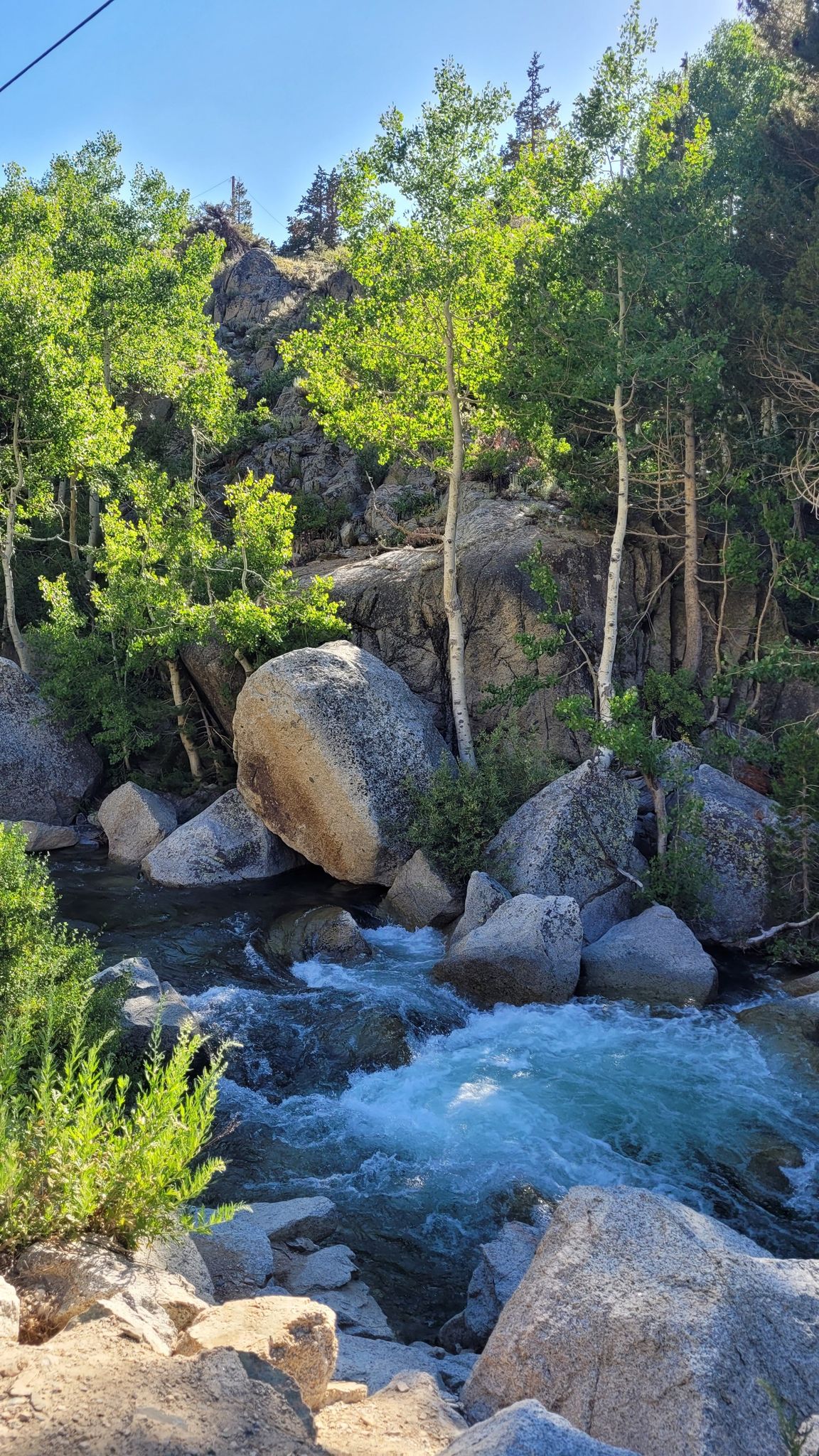 Sunny rushing river with large boulders and green aspen trees along its banks. - Lake Sabrina & South Lake