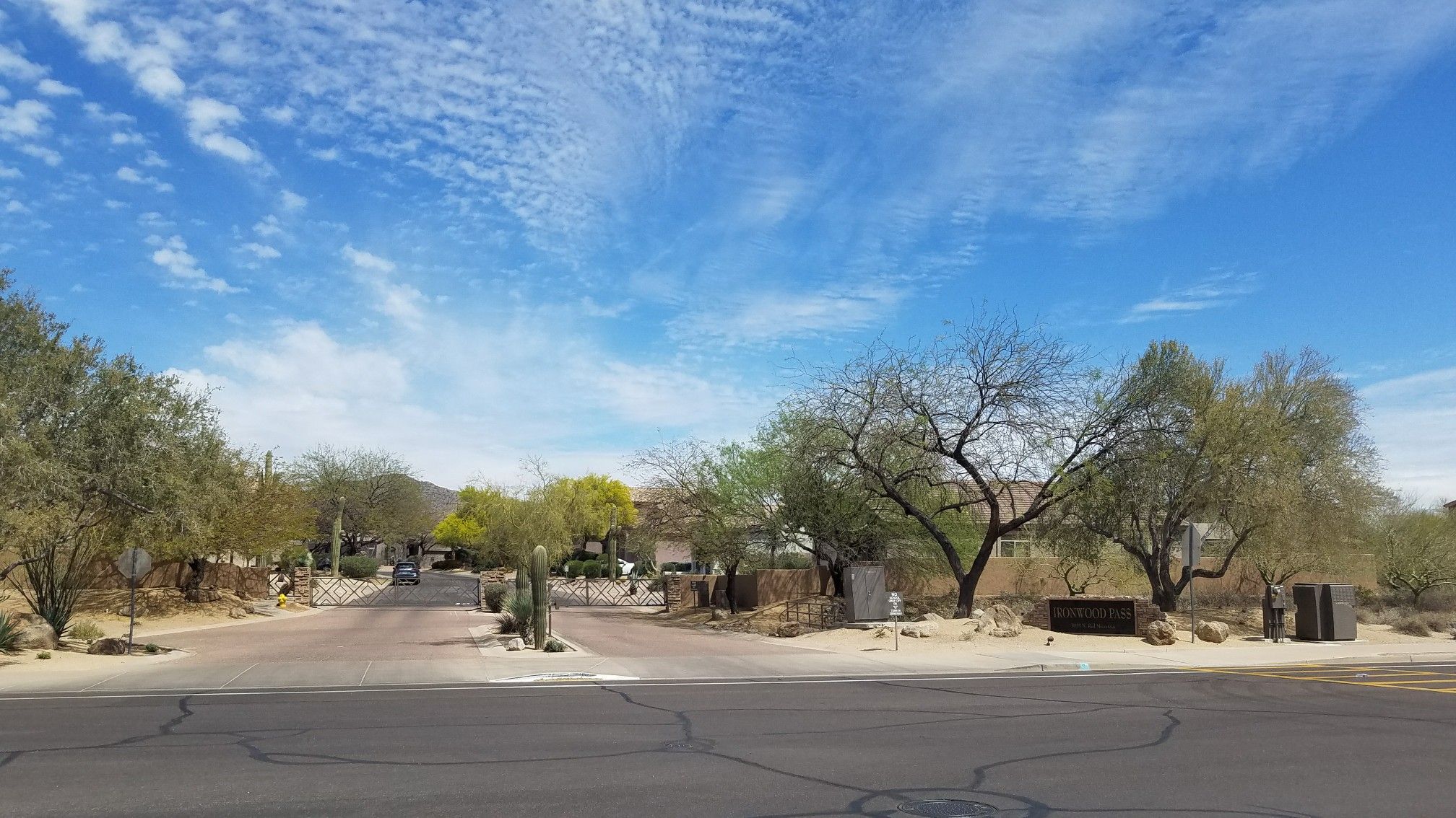 Road leading to a gated entrance, surrounded by desert trees and homes. - Running loop from Peak 2541