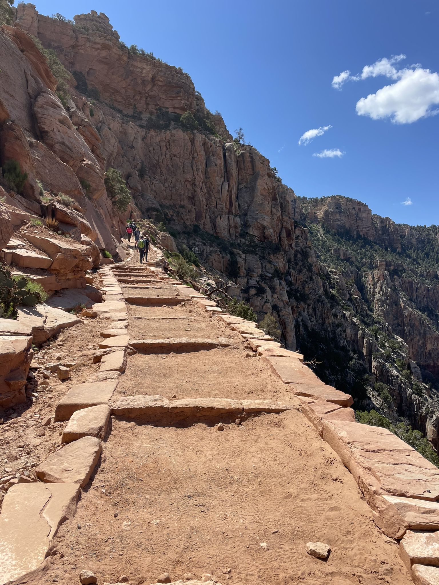 Hikers on a stone-stepped trail along a towering canyon wall. - Ooh-Aah-Point & Cedar Ridge from South Kaibab Trailhead – Grand Canyon National Park