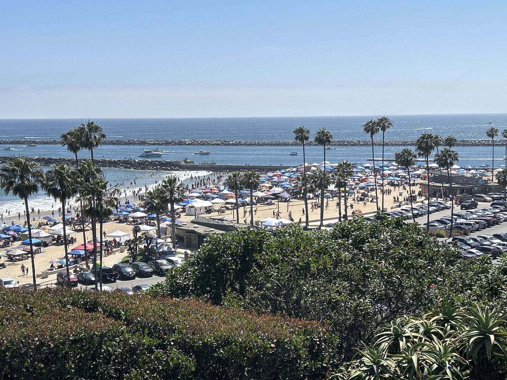 Crowded beach with many umbrellas, palm trees, and boats on a sunny day. - Main Beach Park – Coastal view loop from Laguna Beach