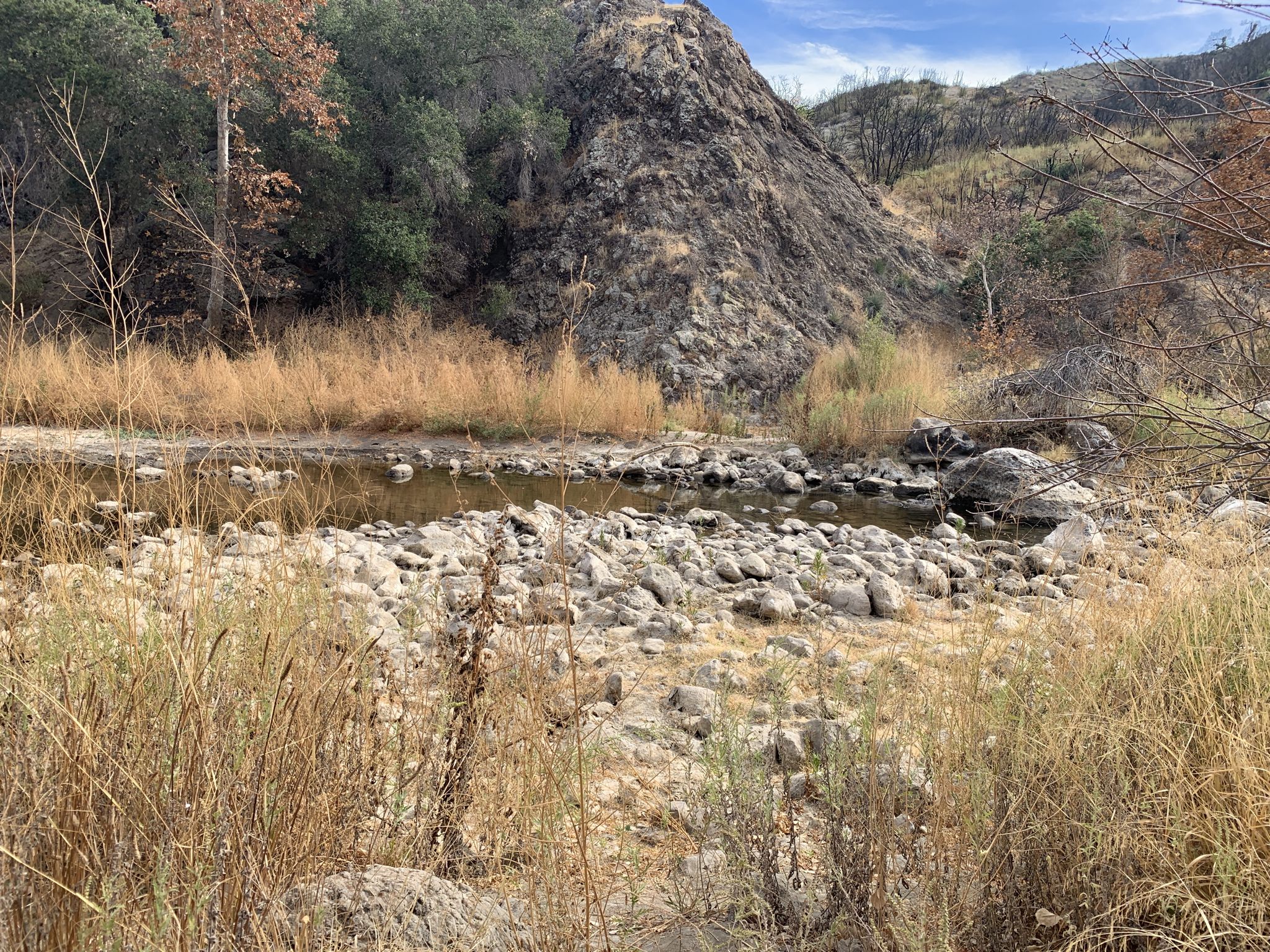 Rocky riverbed with dry grass, surrounded by hills under bright sky. - Crags Road and High Road Loop