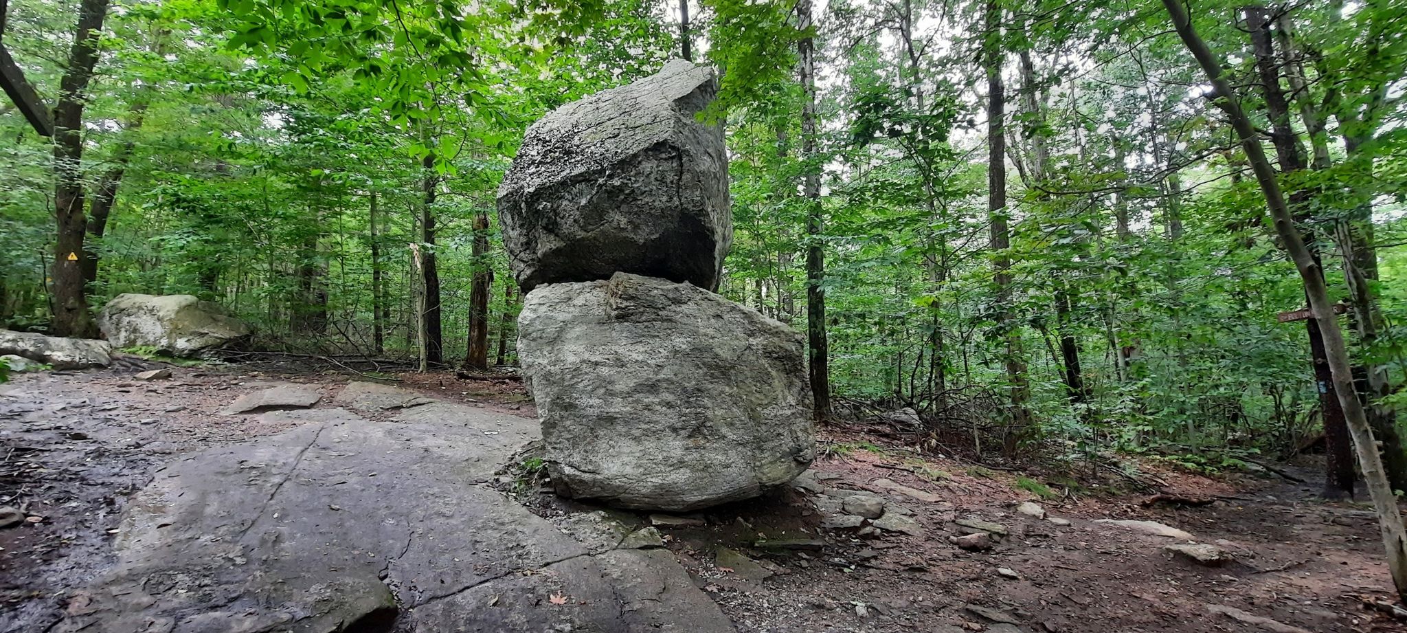 A large balanced rock formation in a dense green forest. - Balance Rock loop from Redemption Rock