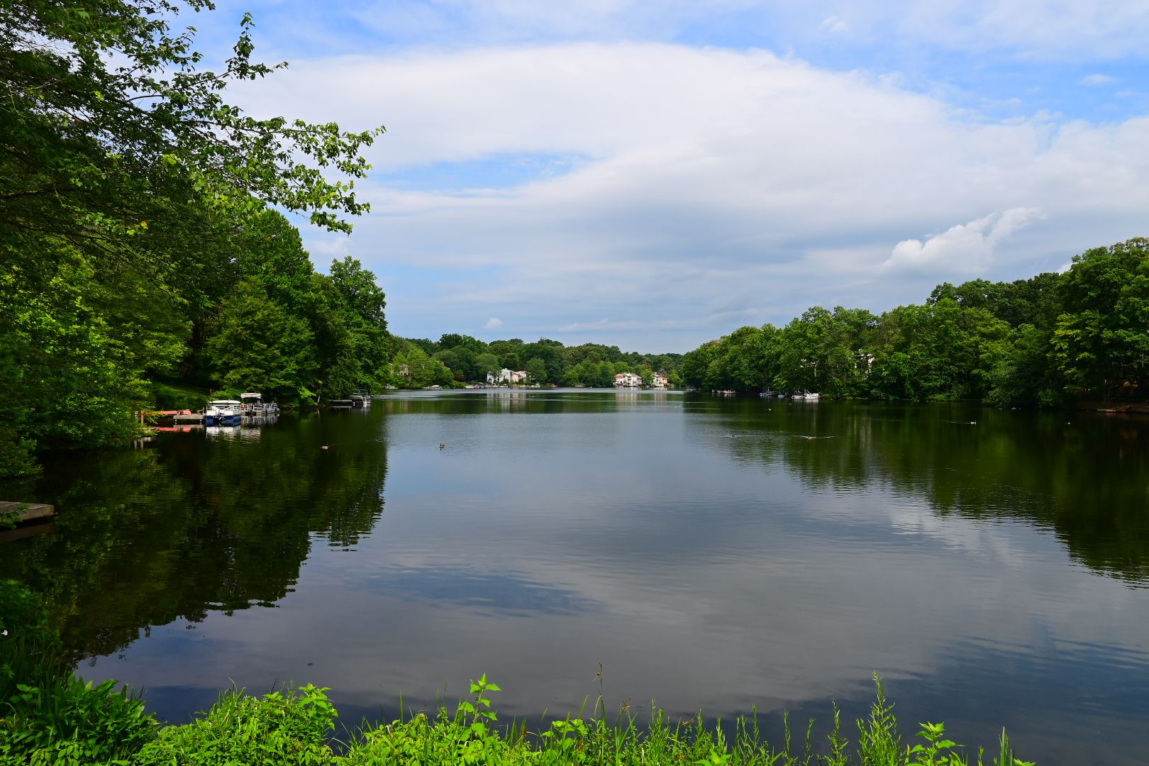Serene lake reflecting green trees and a partly cloudy sky, with distant houses. - Lake Anne Plaza – Bridge to W&OD Trail Access loop from Great Falls Crossing