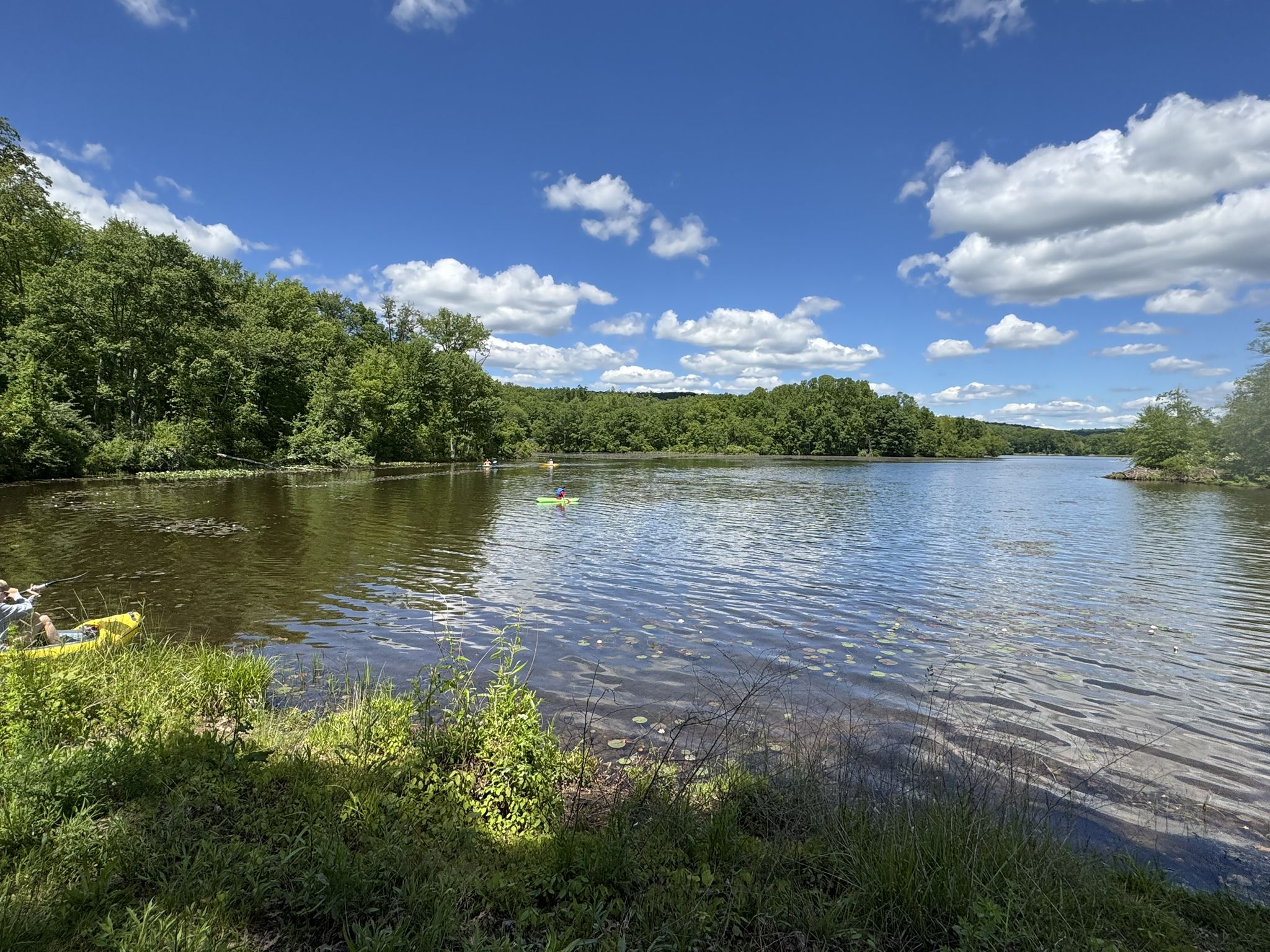 Sunny lake with kayakers, surrounded by lush green forest under a blue sky. - Boon Trail – Miller Point Rock Formation loop from Hopewell Tract