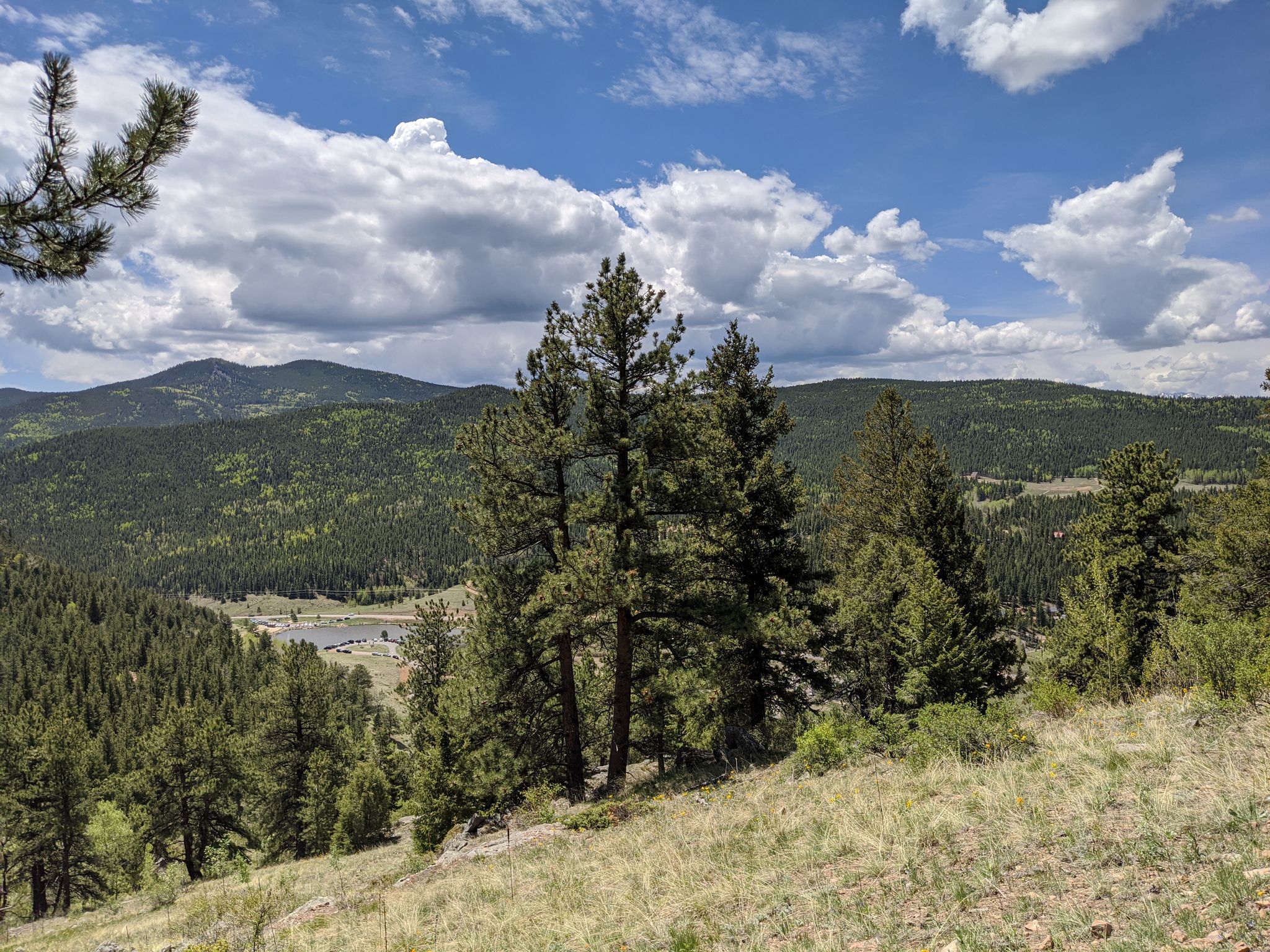 Forested mountains, valley, and lake under a bright, partly cloudy sky. - Kriley Pond – Upper Mule Deer Trail loop from Golden Gate Canyon State Park