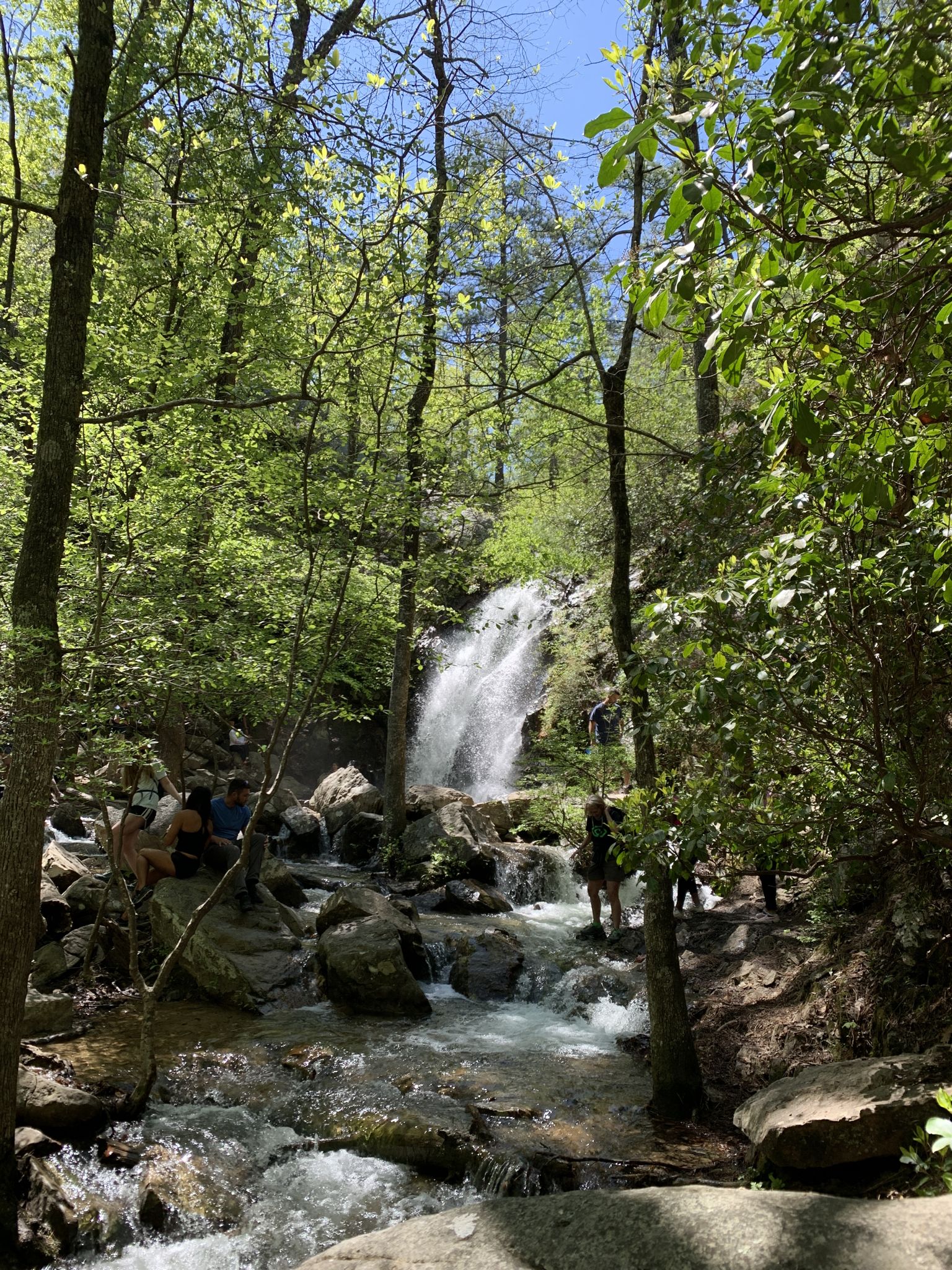 People relax by a sunlit waterfall and rocky stream in a green forest. - Peavine Falls Short Loop