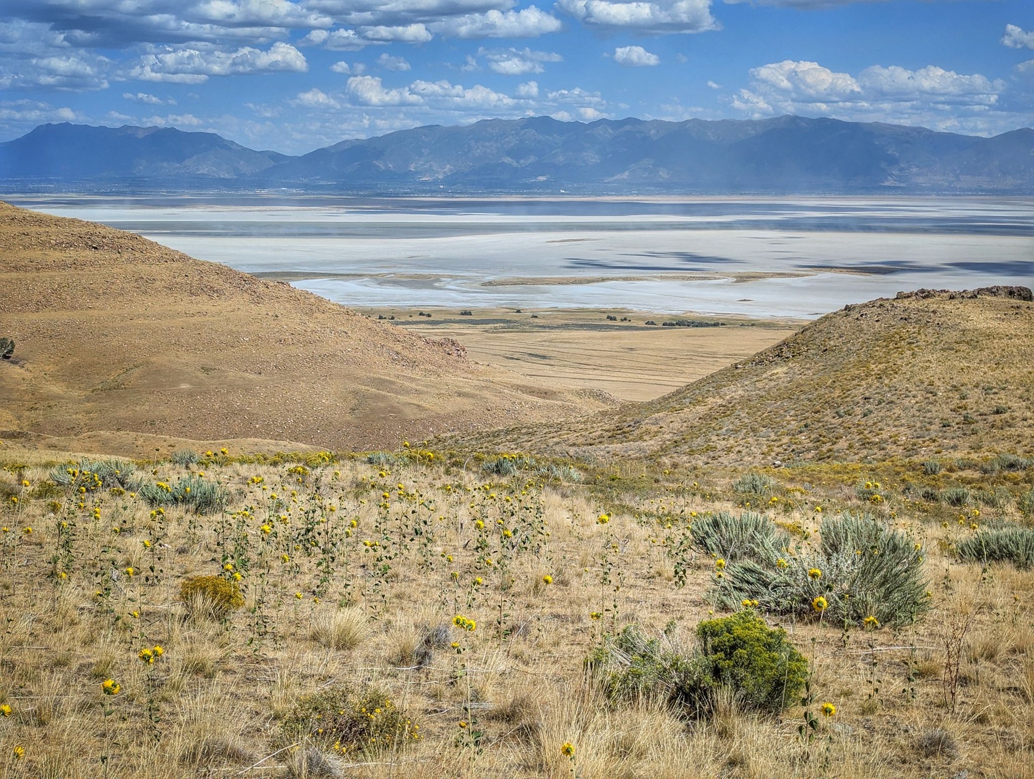 Dry hills overlook a vast lake and distant mountains under a cloudy sky. - Sentry Loop Trail