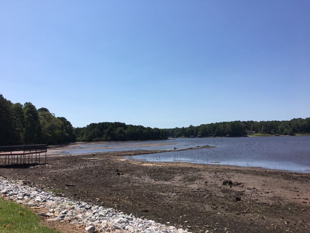 Expansive lake with exposed muddy shoreline and a wooden dock under a clear sky. - Lake Peachtree – Creek in the Woods loop from Peachtree City
