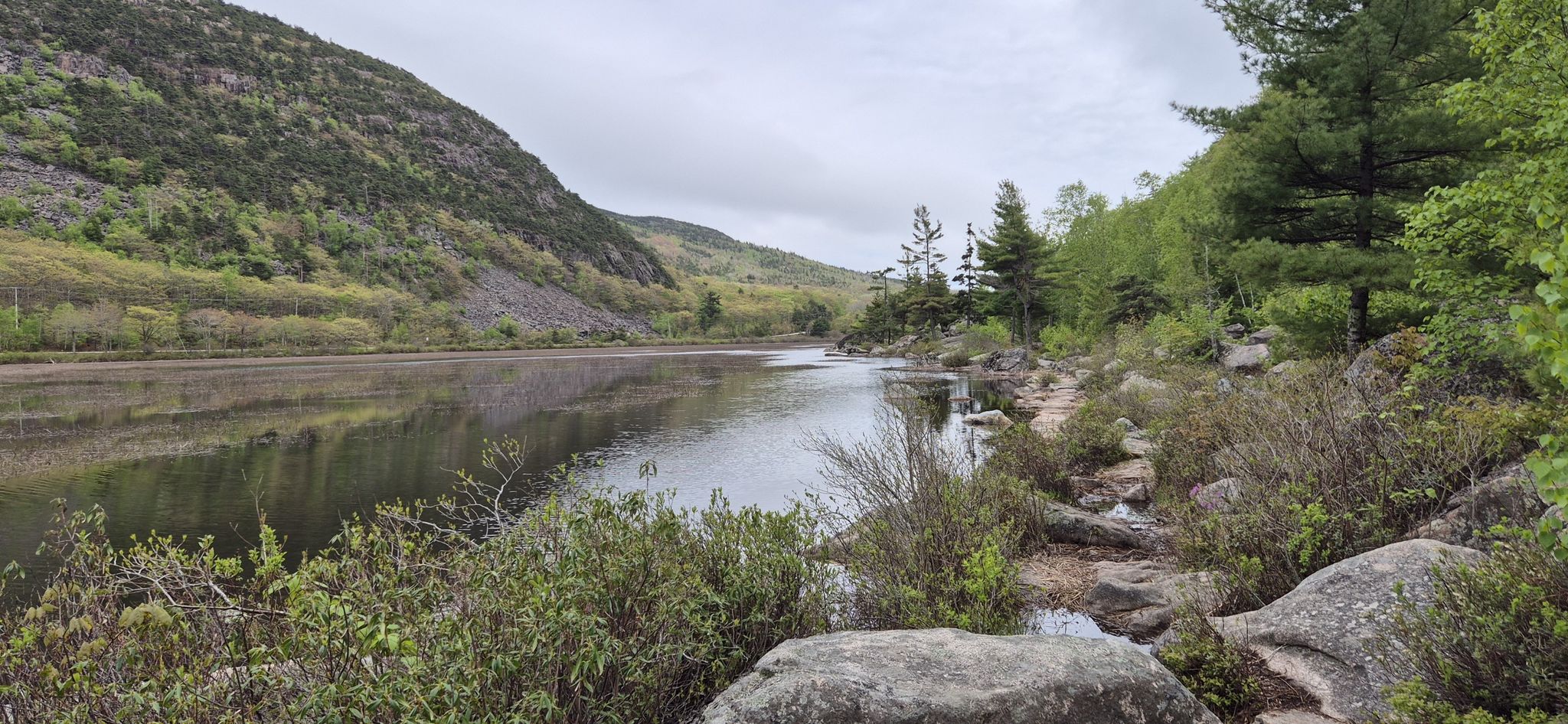 Calm lake reflecting cloudy sky, surrounded by green mountains and trees. - Cadillac Mountain loop