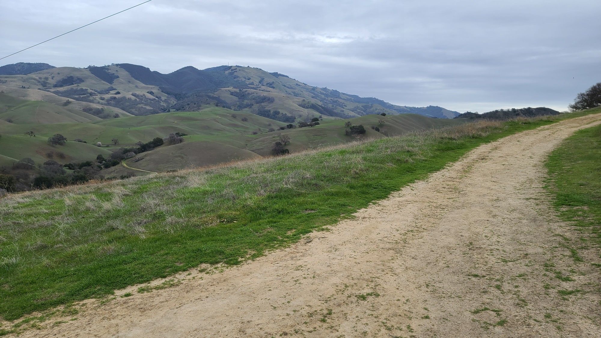 A dirt road winds through green and brown rolling hills under an overcast sky. - Shell Ridge and Fairy Lantern Loop
