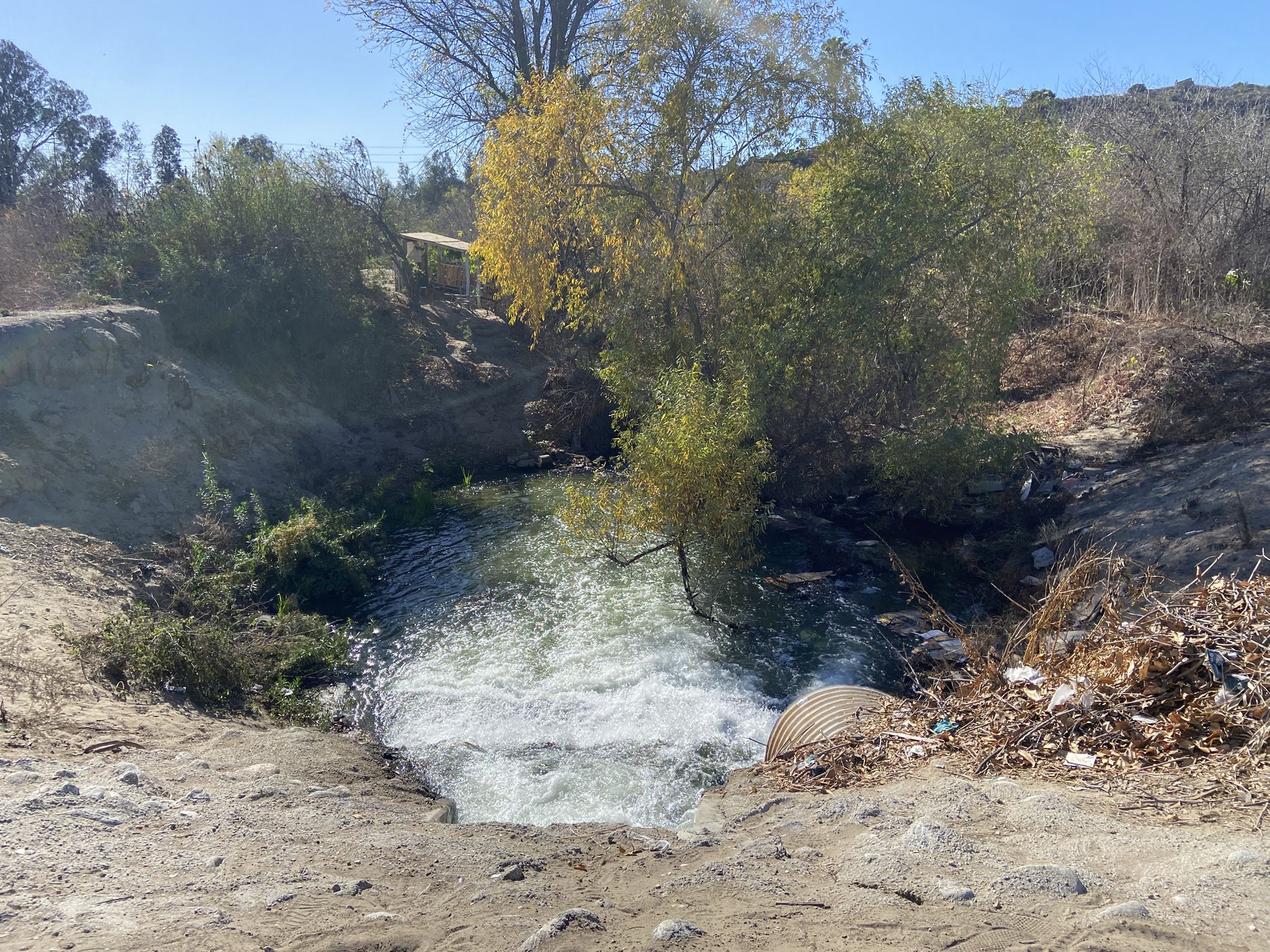 Rushing water flows from a culvert into a stream surrounded by trees. - Rio Hondo River Trail