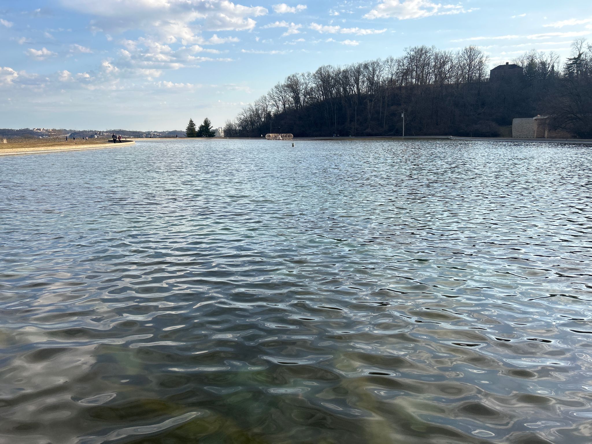 Wide shot of rippling water with distant trees under a cloudy sky. - Eden Park Trail