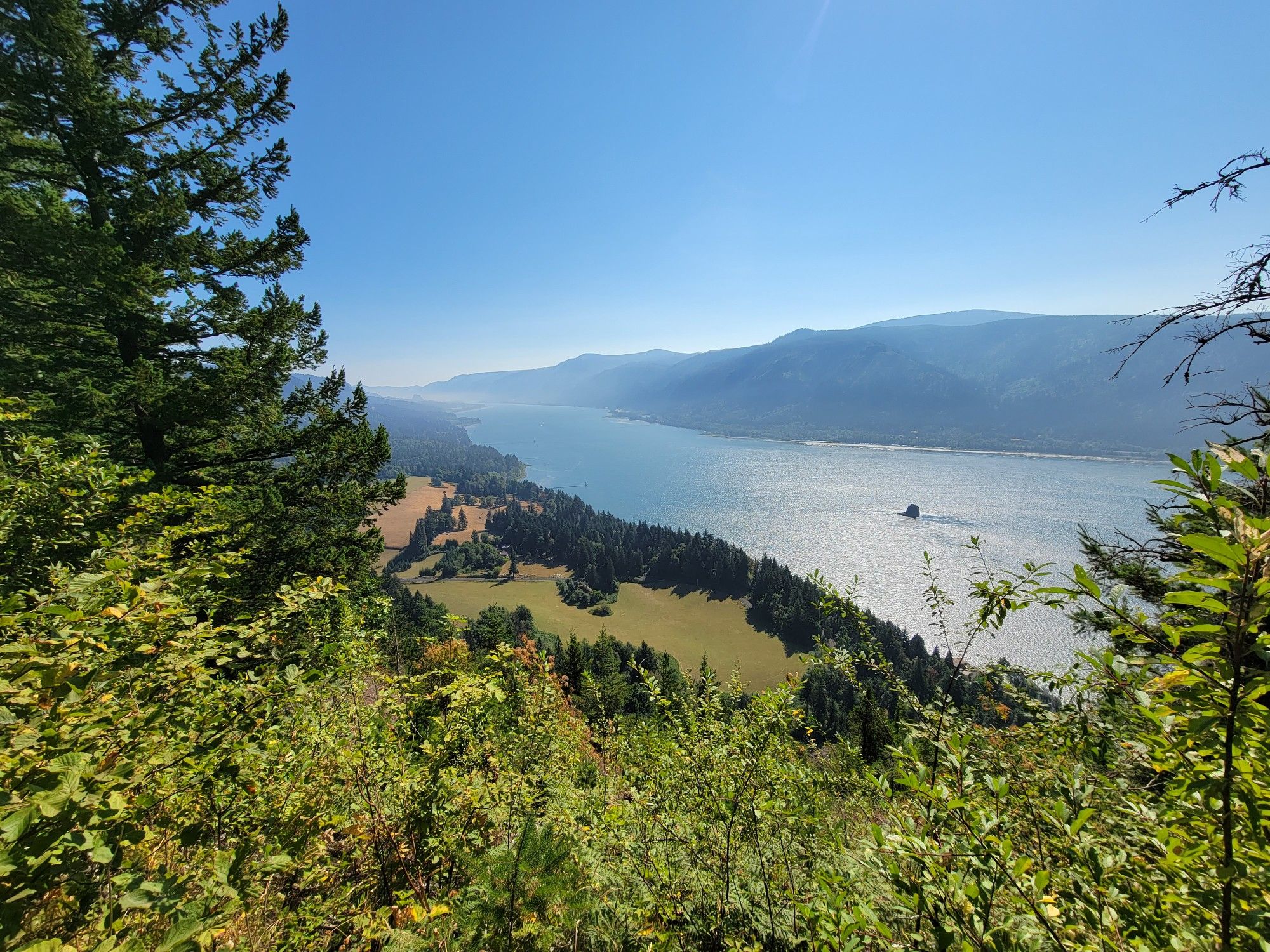 Wide river valley with forested hills under a clear blue sky. - Cape Horn Loop Trail