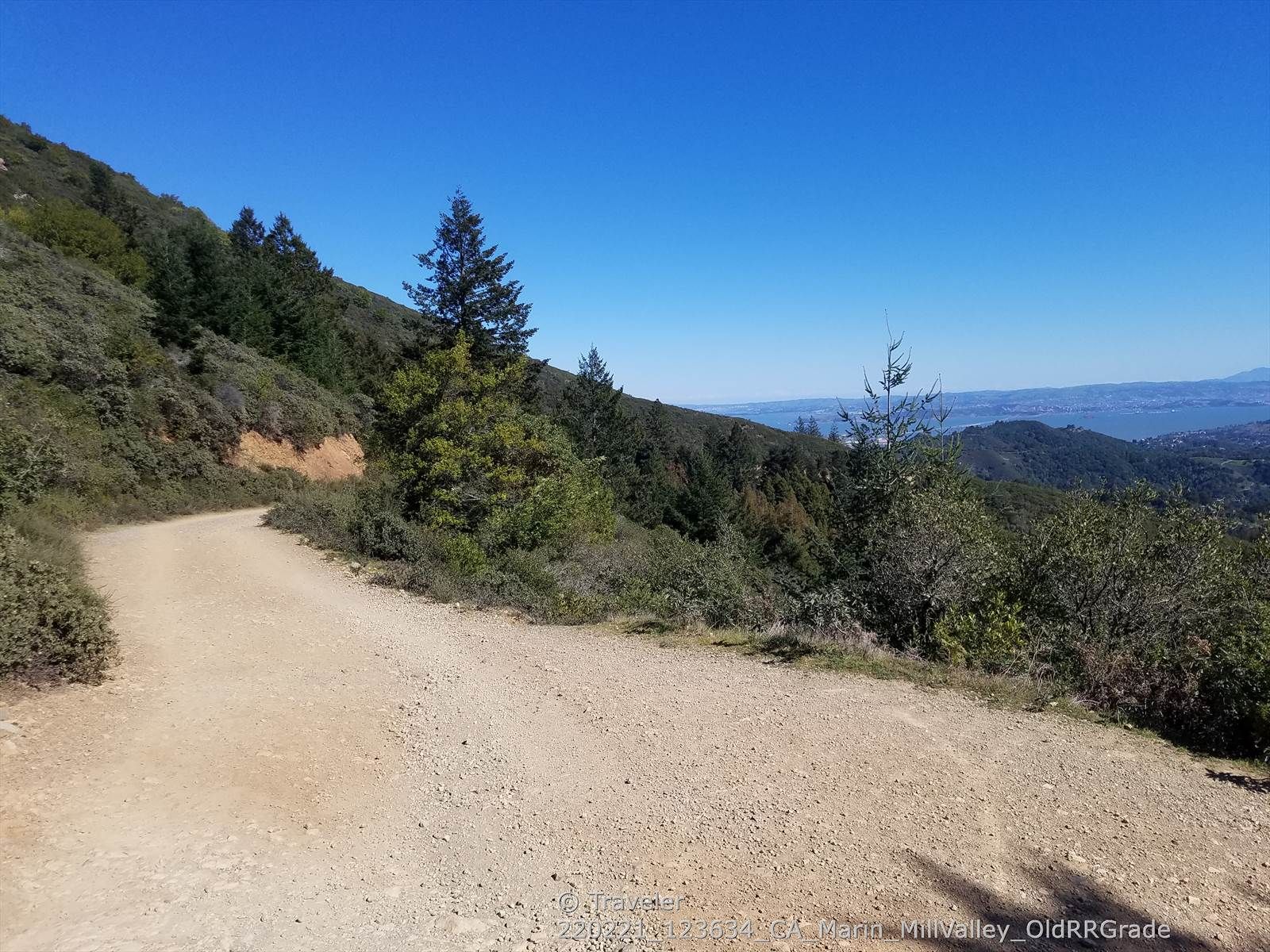 A wide dirt road curves along a green, forested hillside, sunny. - Old Railroad Grade Fire Road
