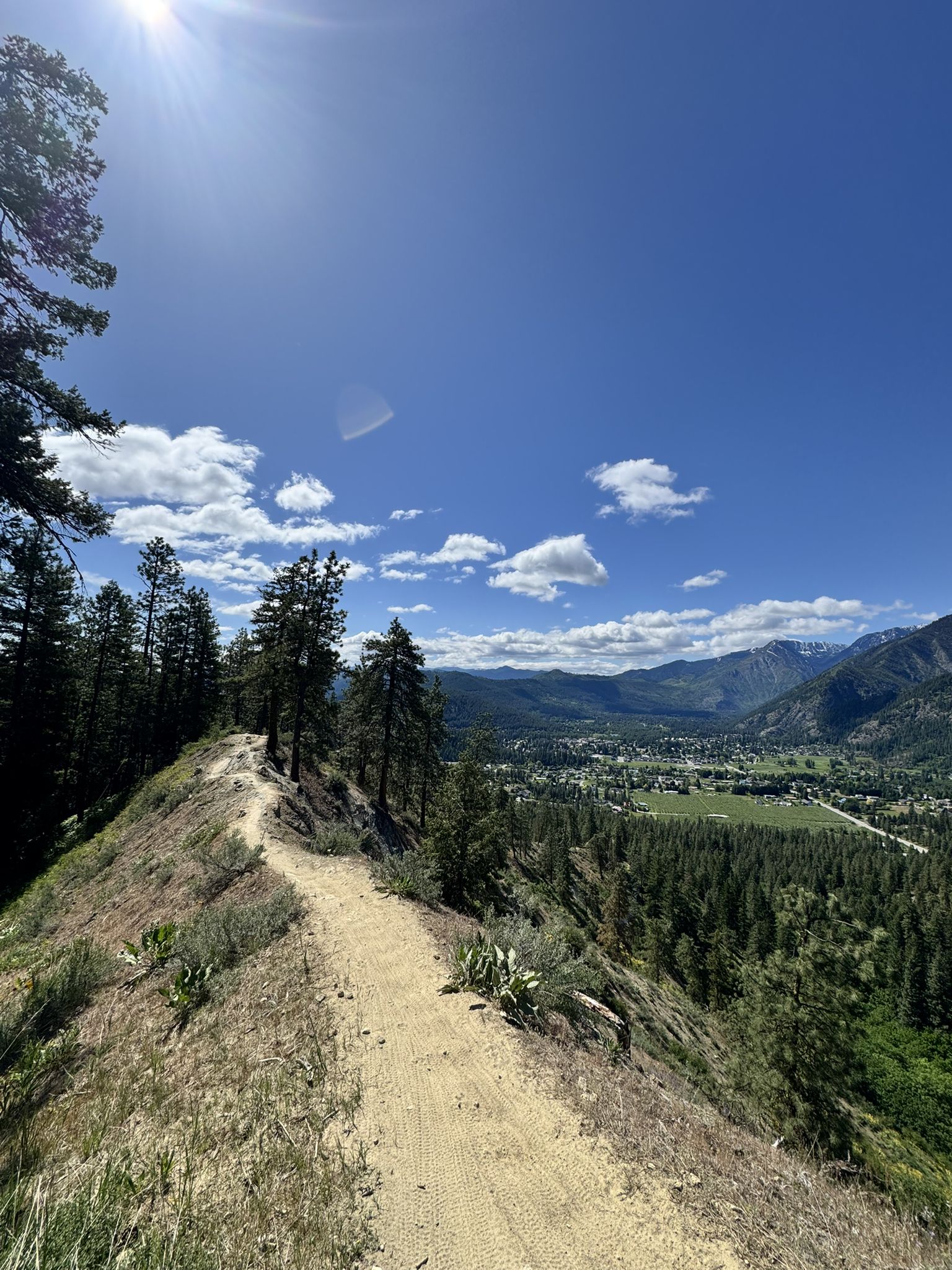Sunny dirt trail on a ridge overlooking a green valley and distant mountains. - Rosie Boa Trail – Rosy Boa Trail loop from Leavenworth