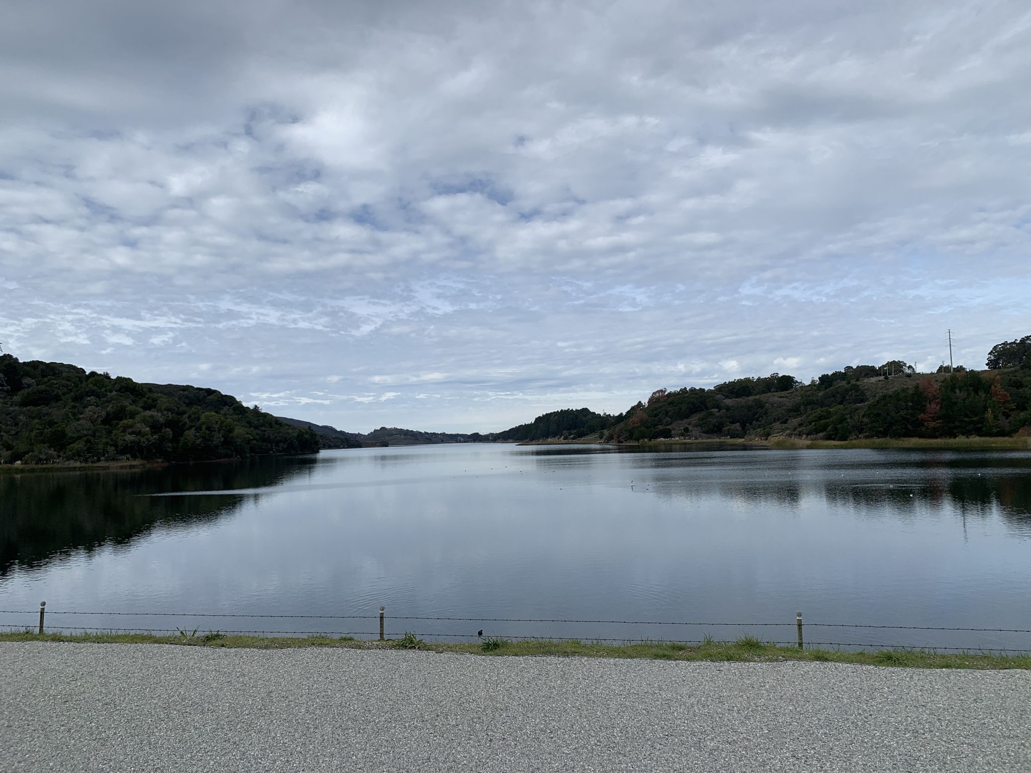 Wide, calm lake under an overcast sky, with distant low hills. - San Andreas Lake – San Andreas Trail loop from San Bruno